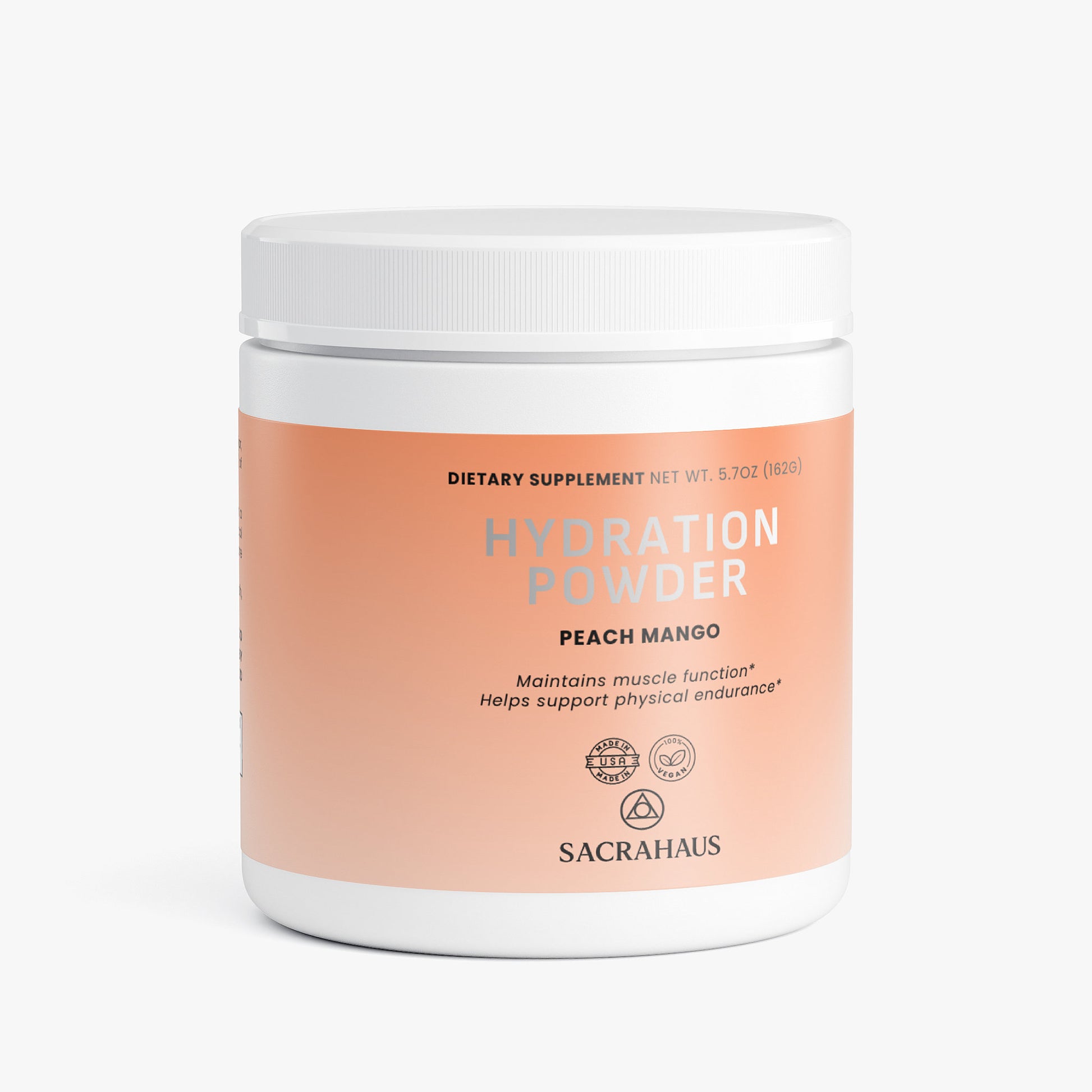 SACRAHAUS vegan hydration powder peach mango in a white container with peach label for muscle support