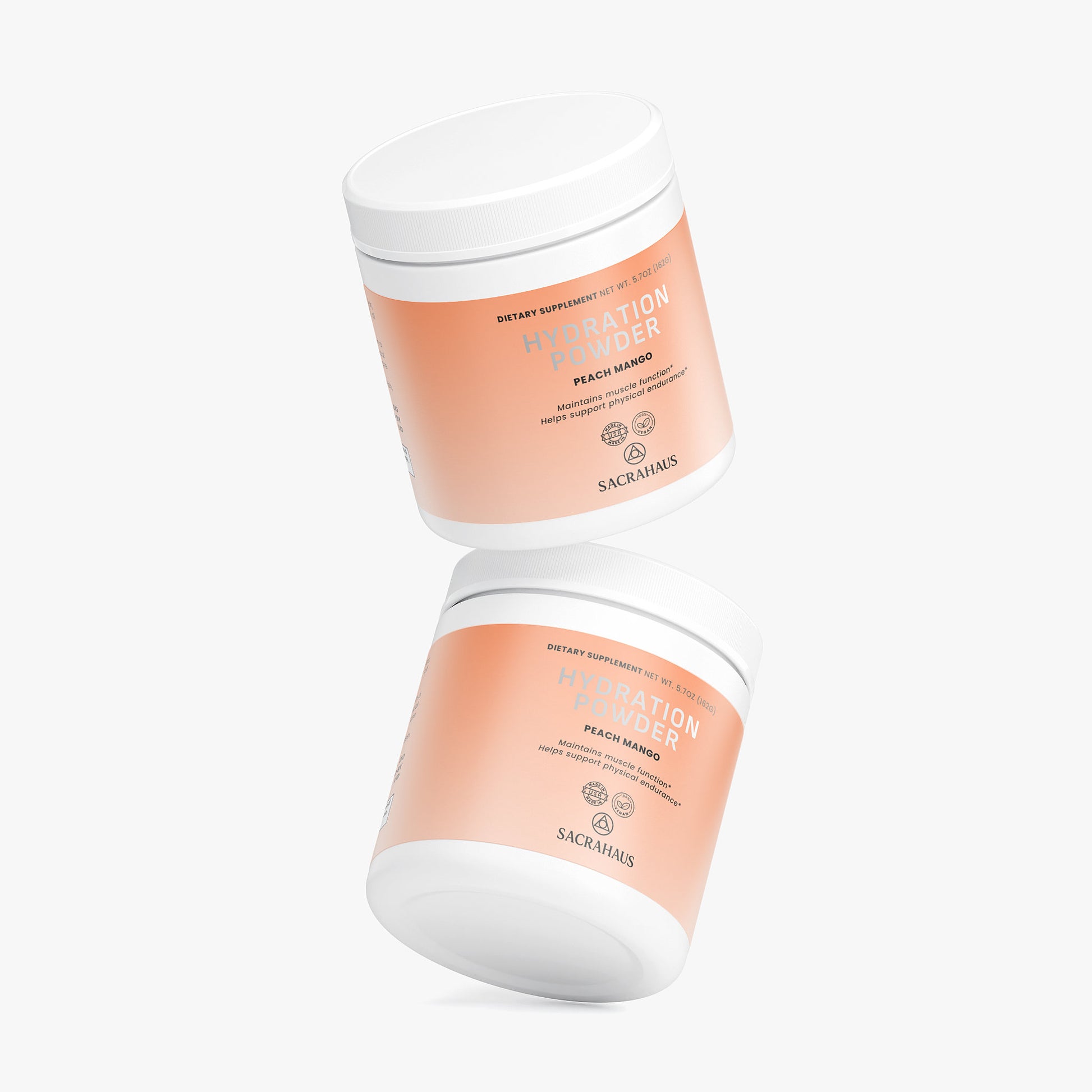 SACRAHAUS vegan hydration powder peach mango in two jars for optimal workout hydration
