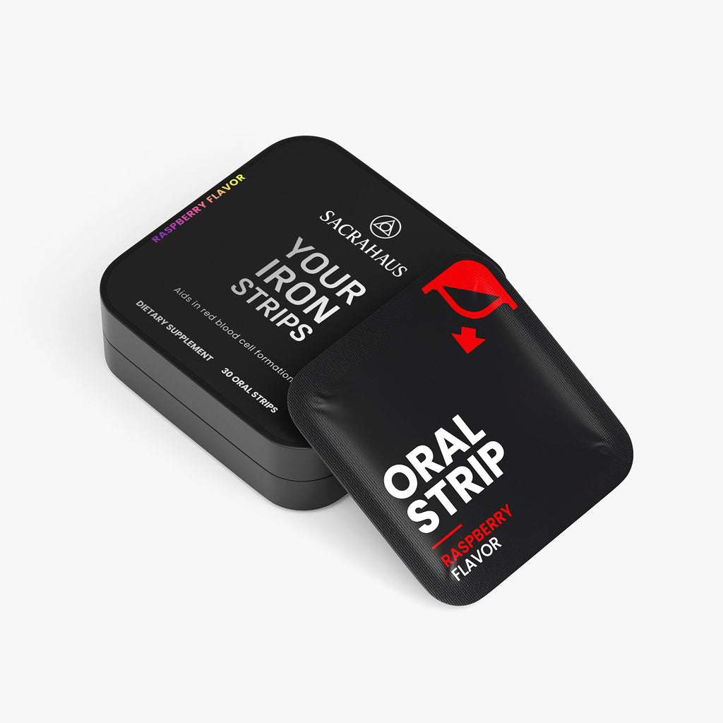 SACRAHAUS vegan iron supplements in raspberry flavor, easy-to-use oral strips for enhanced iron intake