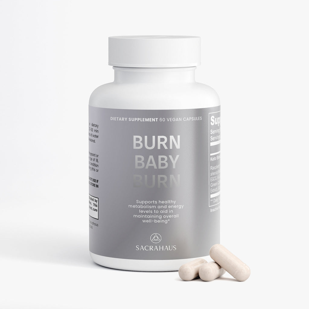 SACRAHAUS Burn Baby Burn vegan keto supplement in a bottle with 60 capsules for energy and metabolism support