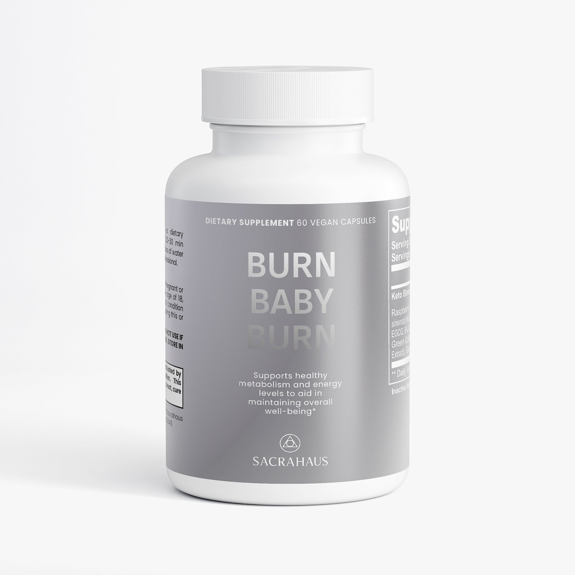 SACRAHAUS Burn Baby Burn Vegan Keto Supplement in a 60-capsule bottle for metabolism support