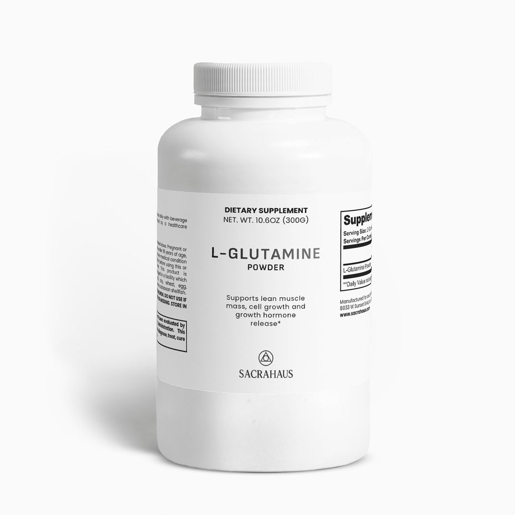 SACRAHAUS vegan L-glutamine powder in a white container for post-workout recovery support