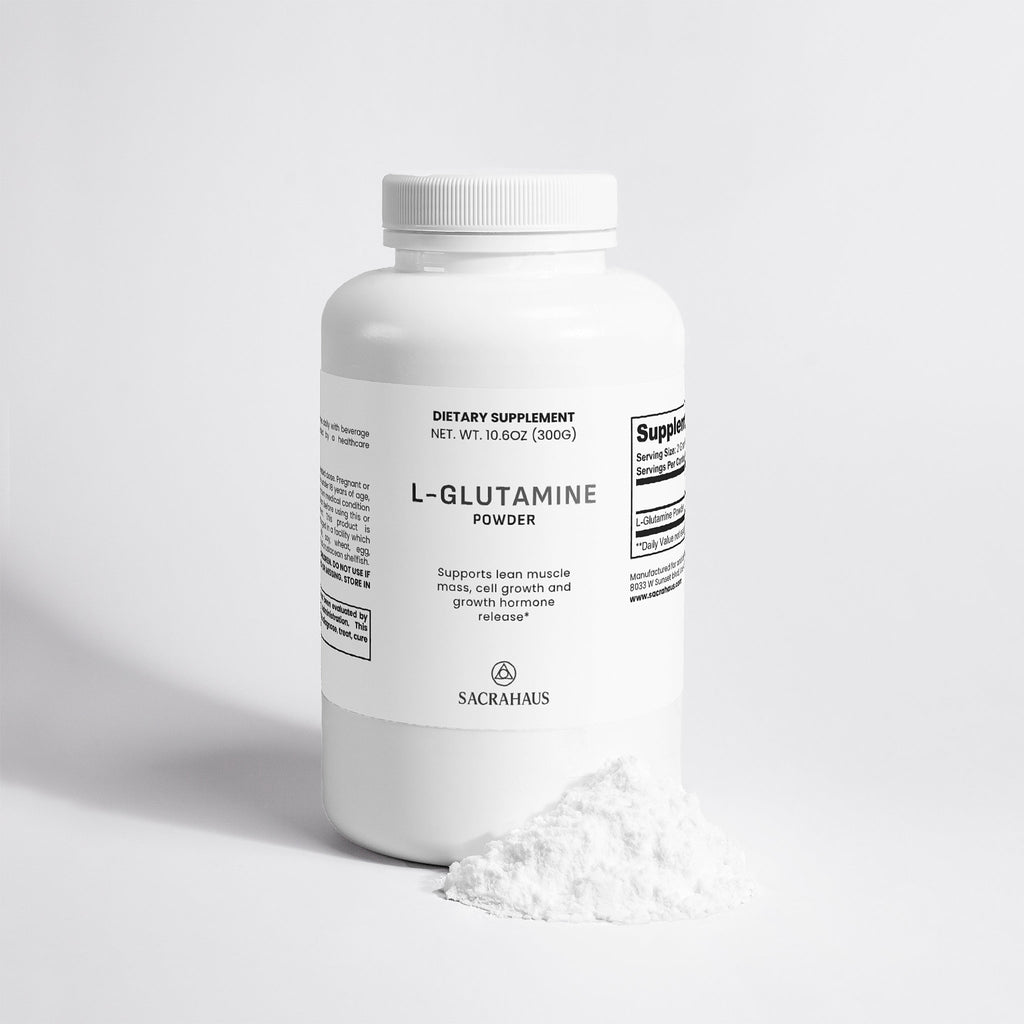 SACRAHAUS vegan L-glutamine powder in a white container with a scoop for post-workout recovery