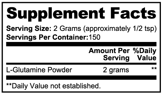 Supplement Facts for SACRAHAUS vegan L-glutamine powder showing serving size and nutritional details