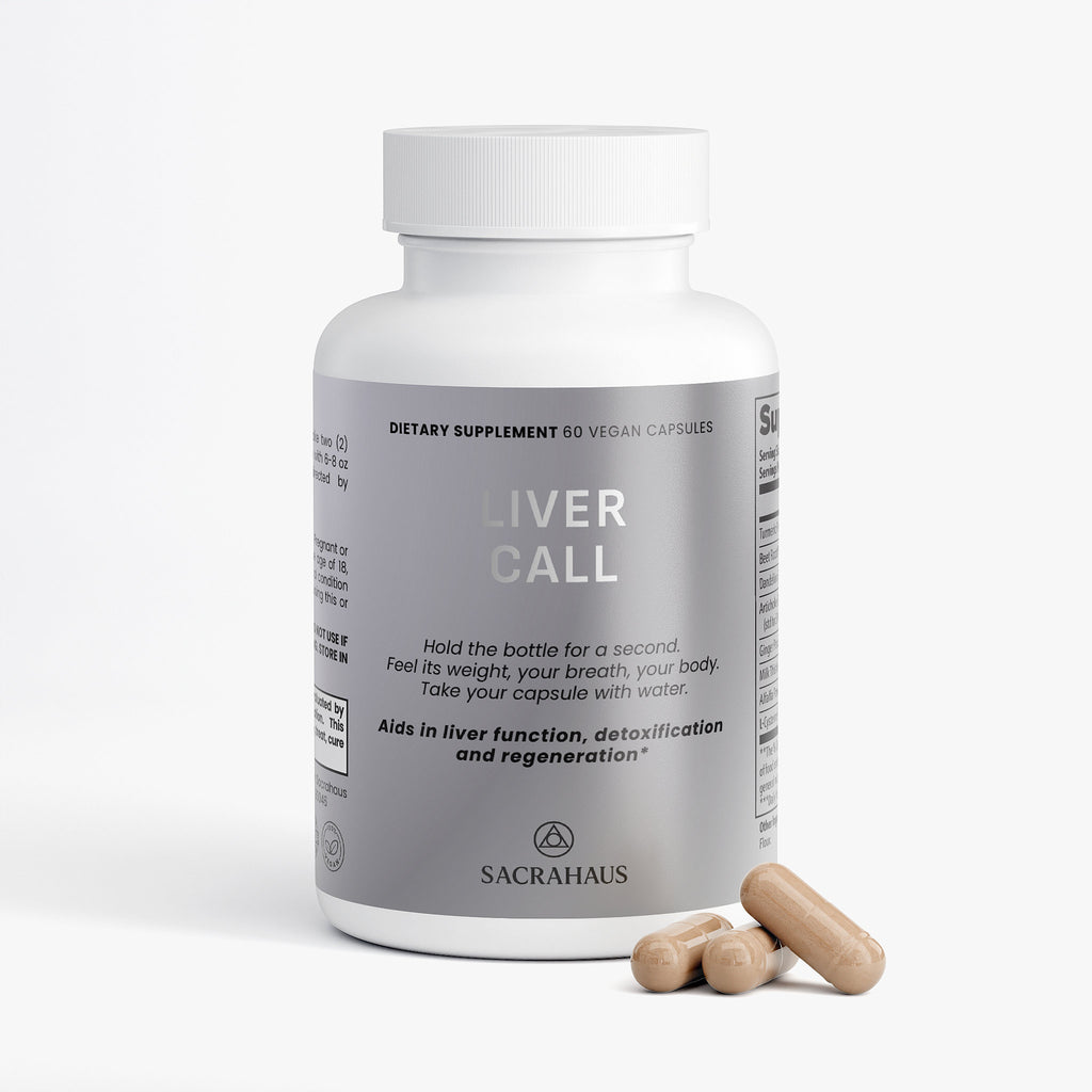 SACRAHAUS vegan liver support supplement in a white bottle with capsules for digestive health
