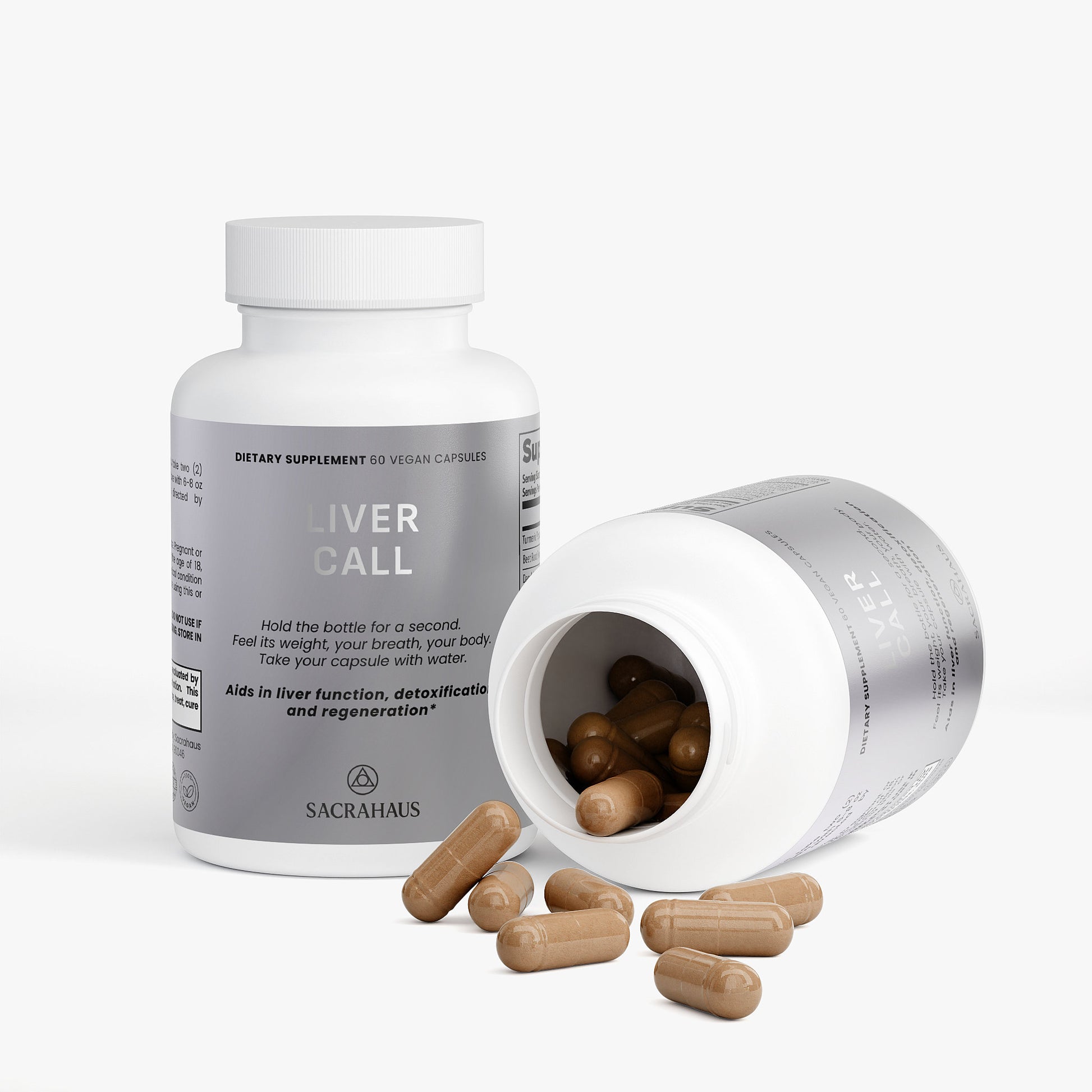 SACRAHAUS vegan liver support supplement capsules in a white bottle with some spilled out