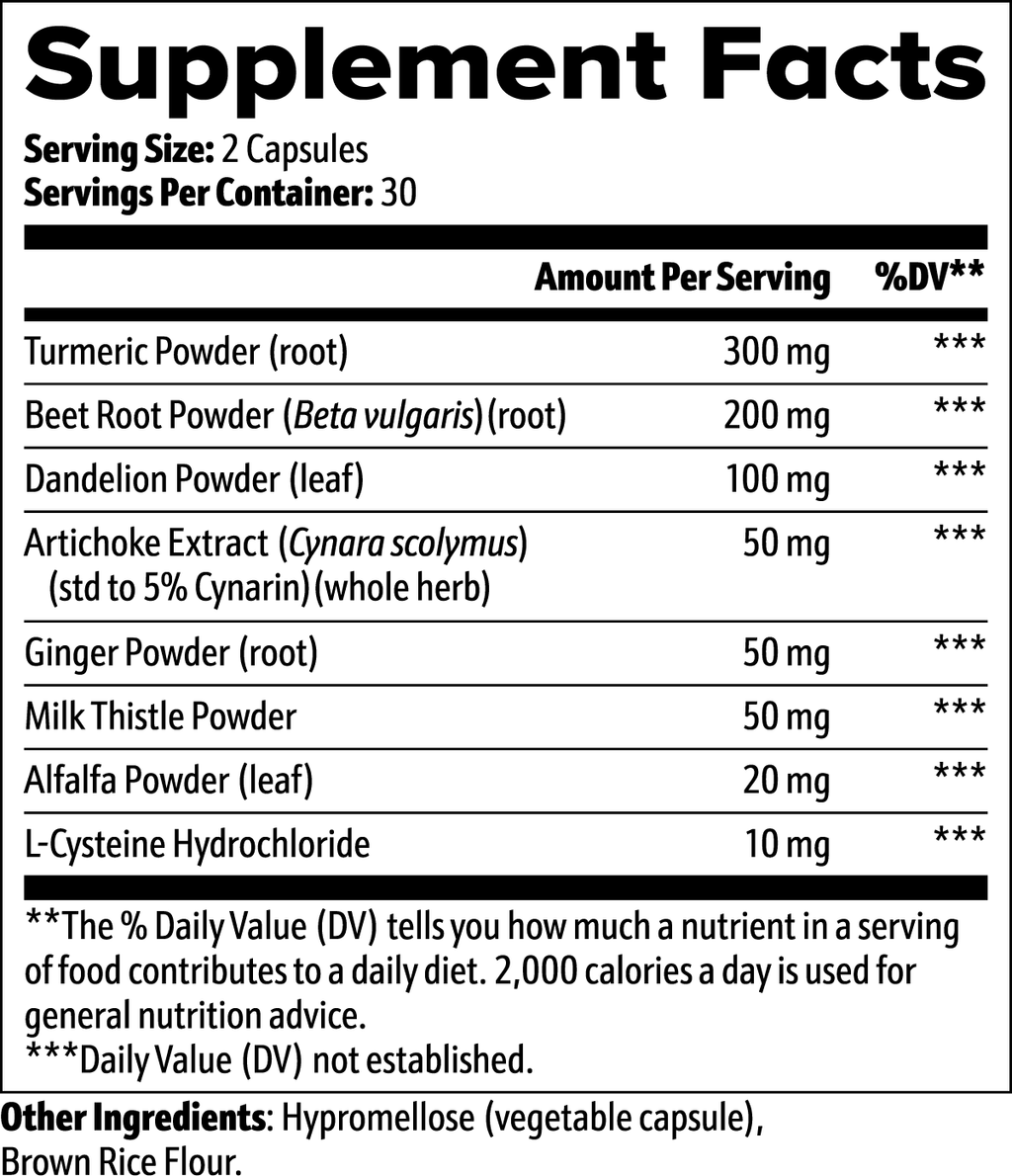 SACRAHAUS vegan liver support supplement facts showing key ingredients and serving information