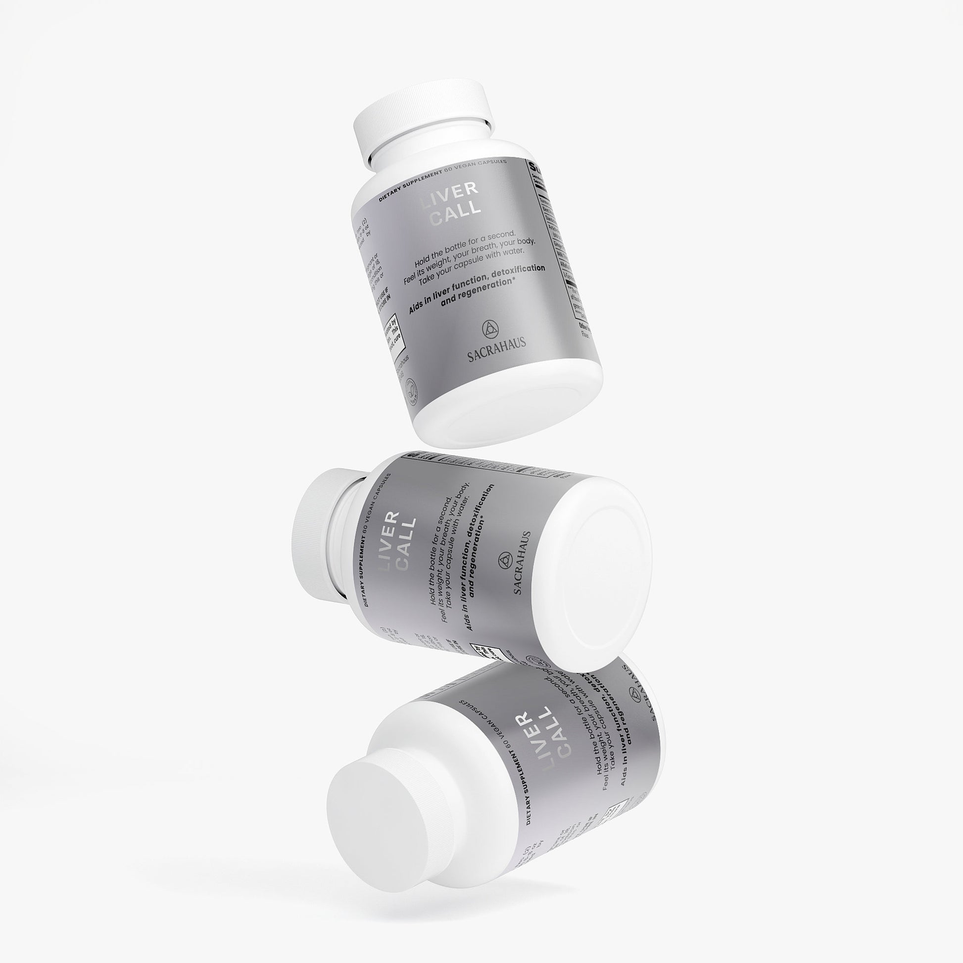 SACRAHAUS vegan liver support supplement bottles stacked in a dynamic display