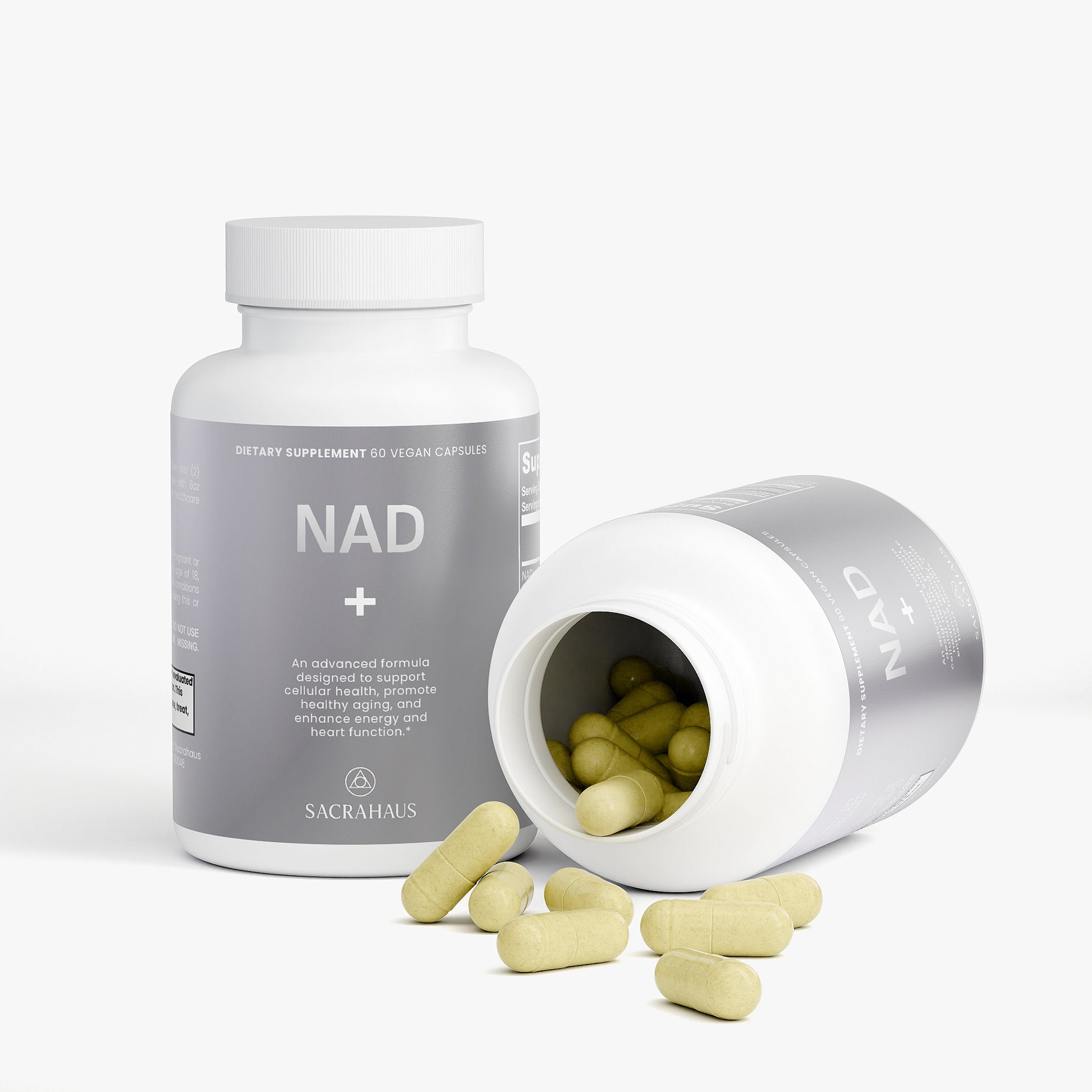 SACRAHAUS vegan NAD+ supplement capsules in a bottle with some scattered on a surface