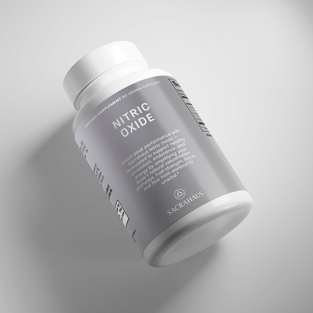 SACRAHAUS vegan nitric oxide supplement in a capsule bottle for post-workout recovery and enhanced performance