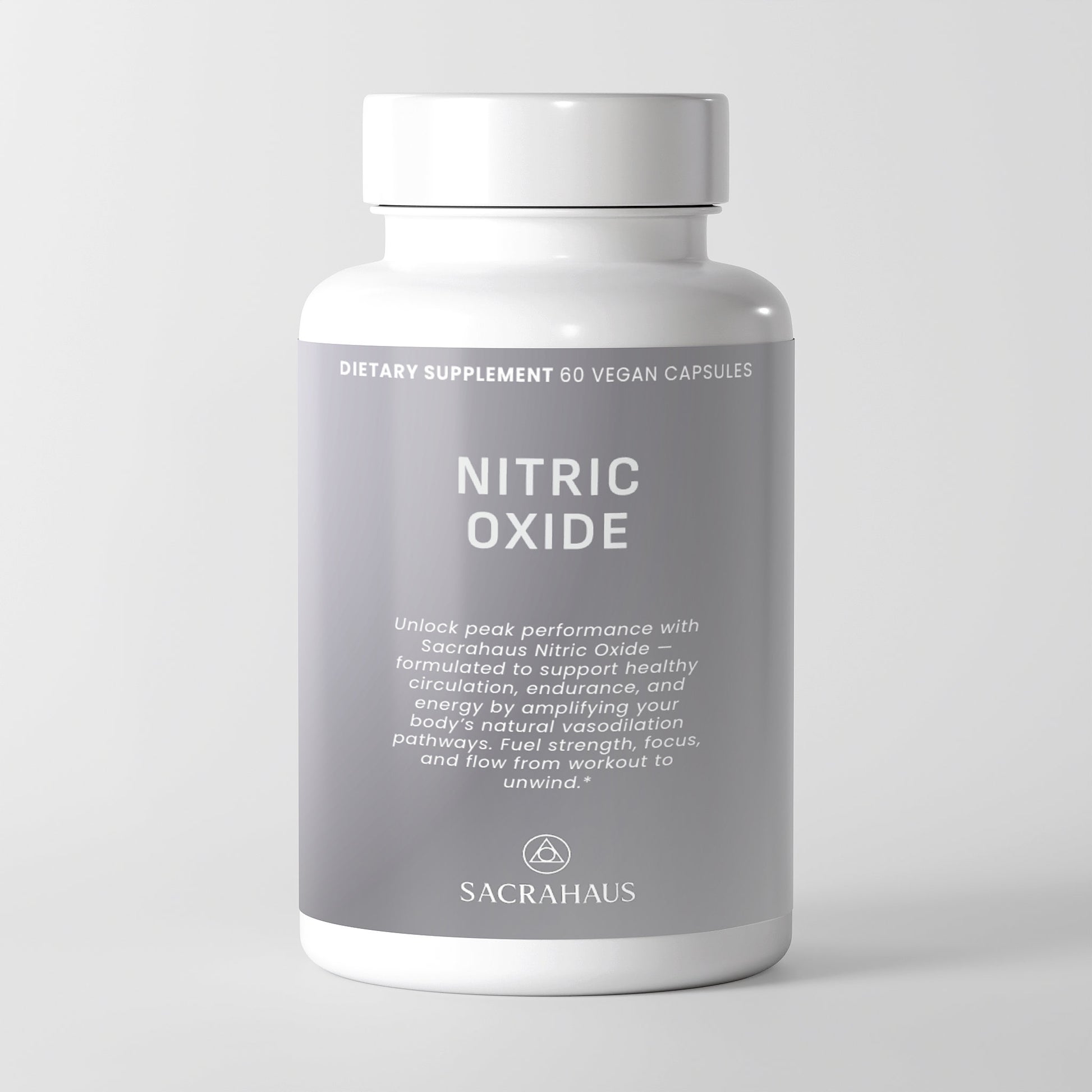 SACRAHAUS vegan nitric oxide supplement in a 60 capsule bottle for post-workout recovery and enhanced performance