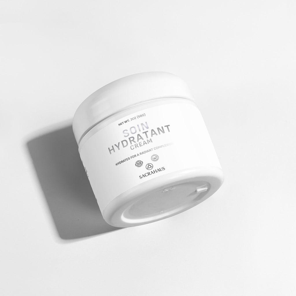 SACRAHAUS vegan skin hydration cream in a sleek white jar designed for deep moisture and nourishment