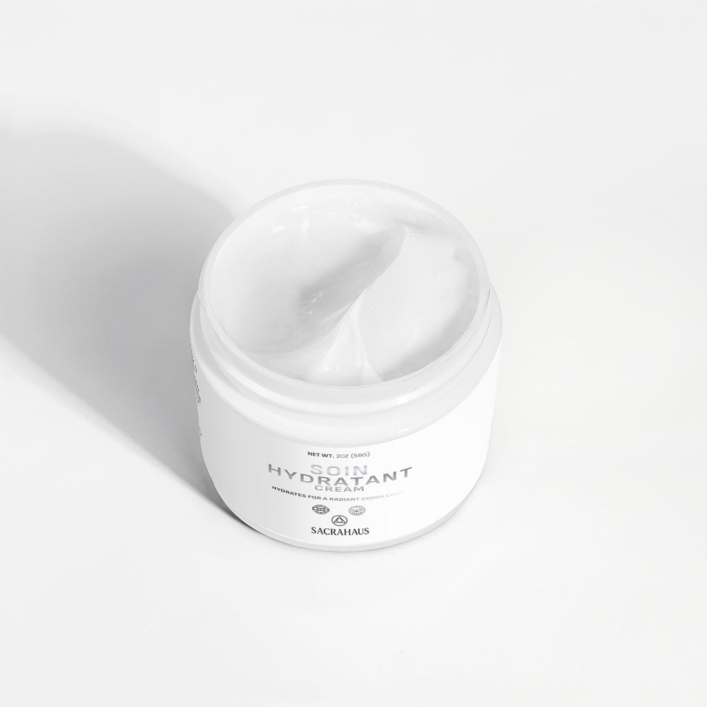 SACRAHAUS vegan skin hydration cream in a white jar, ideal for deep moisturizing and skin nourishment