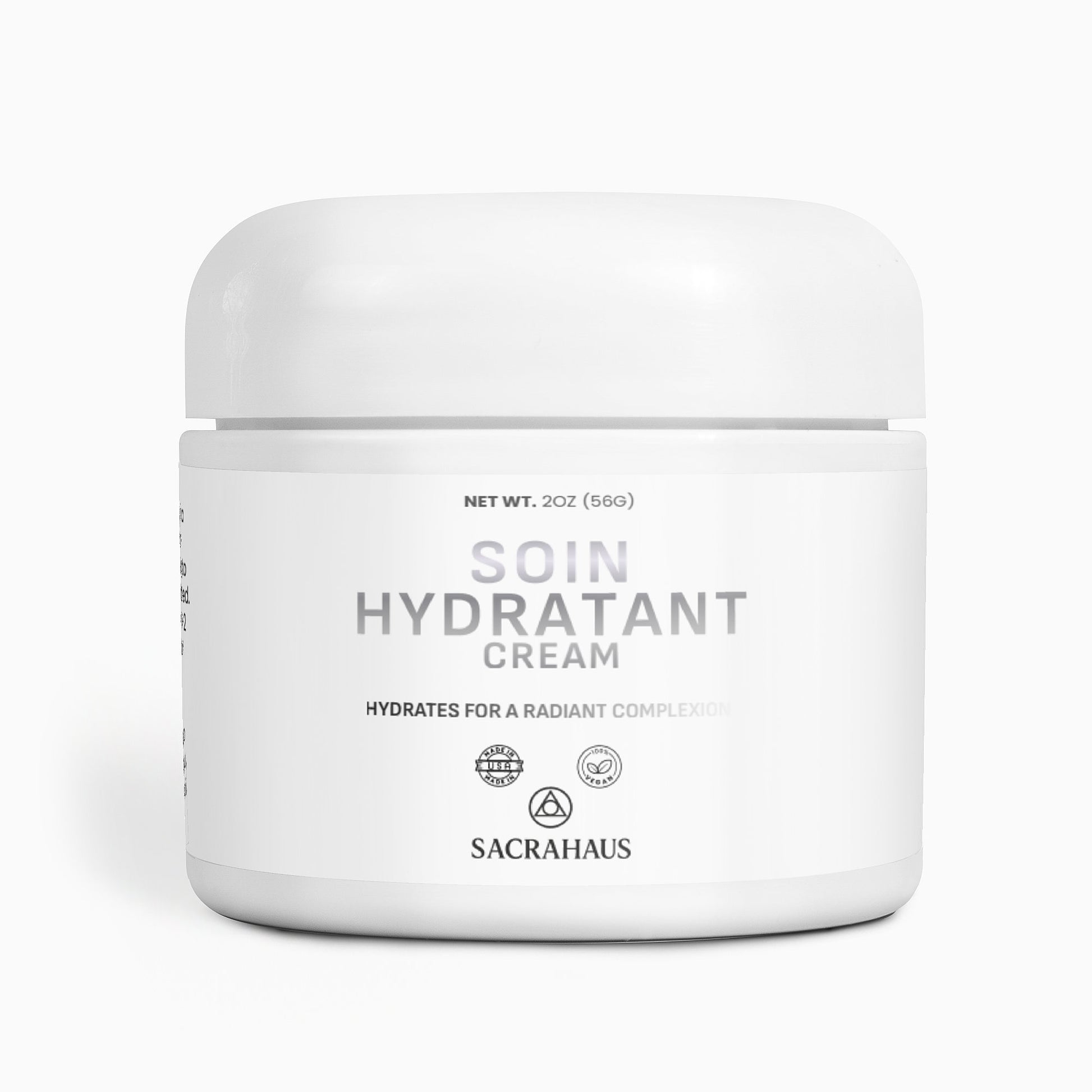 SACRAHAUS vegan skin hydration cream in a white jar for radiant skin and intense moisture
