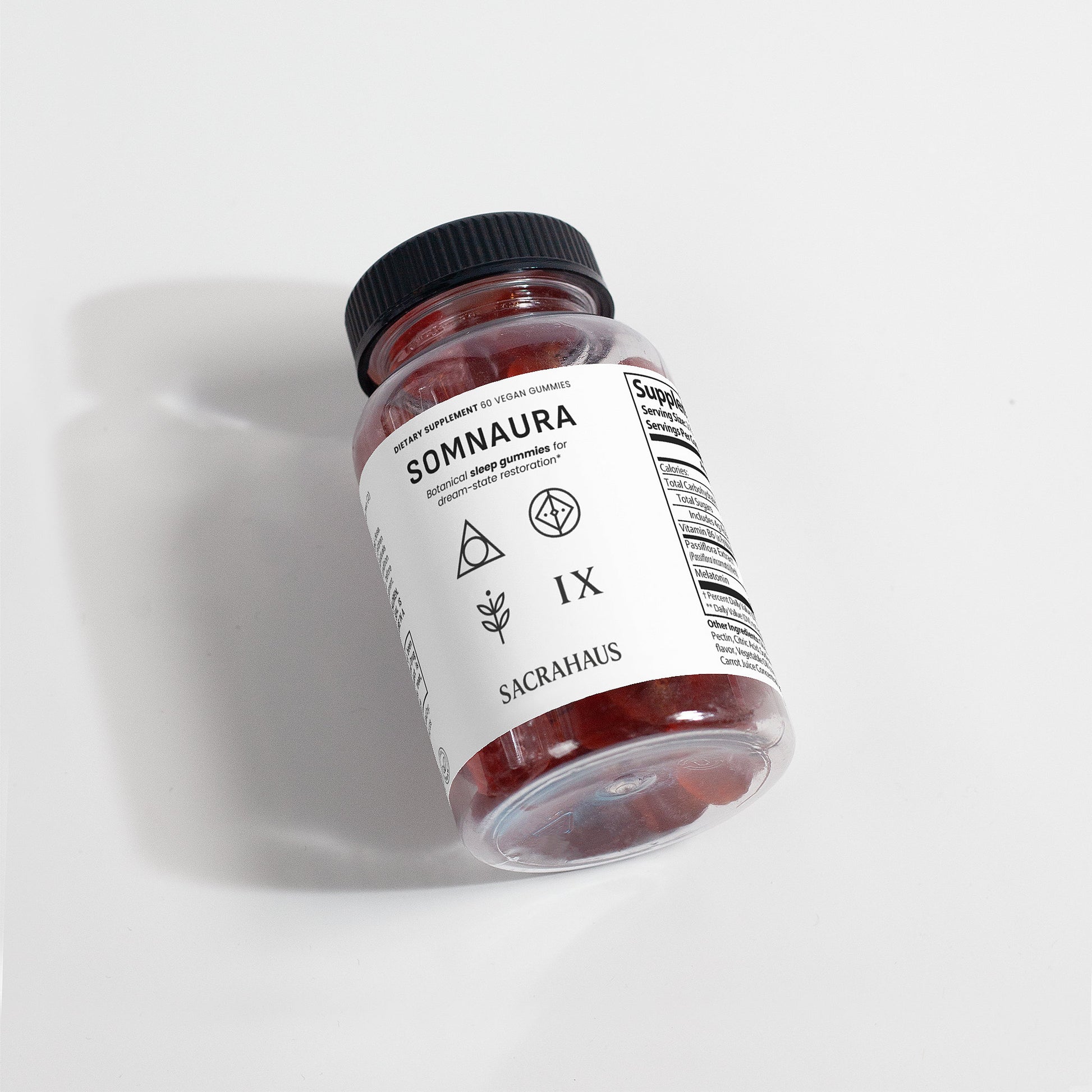 SACRAHAUS Somnaura vegan sleep gummies specialty supplement bottle with black cap