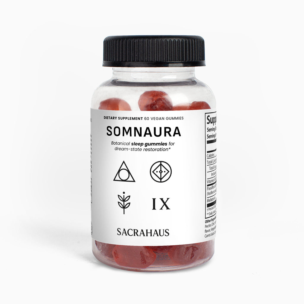 SACRAHAUS SOMNAURA vegan sleep gummies specialty supplement bottle with 60 gummies for sleep support