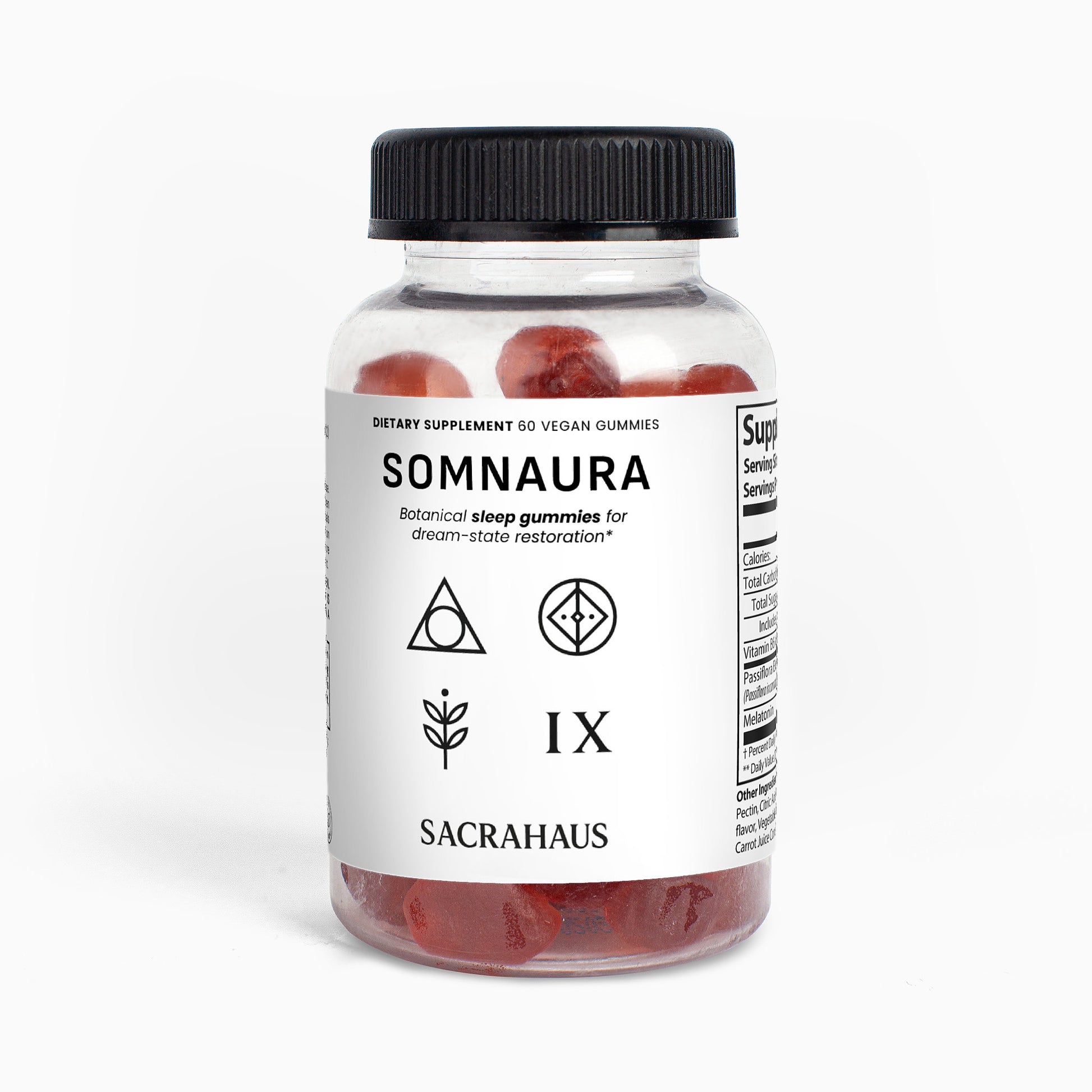SACRAHAUS SOMNAURA vegan sleep gummies specialty supplement bottle with 60 gummies for sleep support
