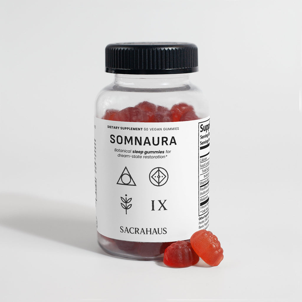 SACRAHAUS Somnaura vegan sleep gummies dietary supplement bottle with red gummy bears