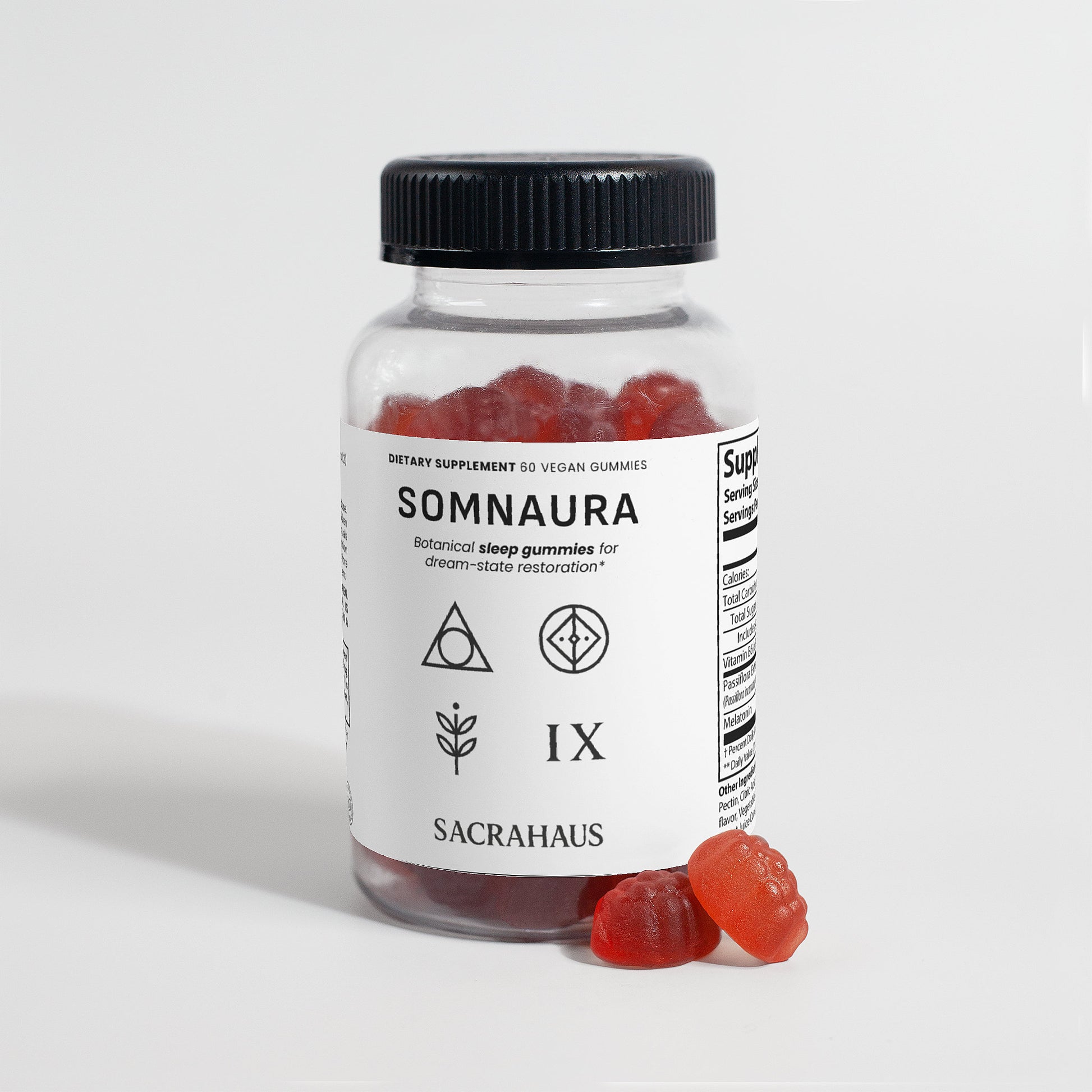SACRAHAUS Somnaura vegan sleep gummies dietary supplement bottle with red gummy bears