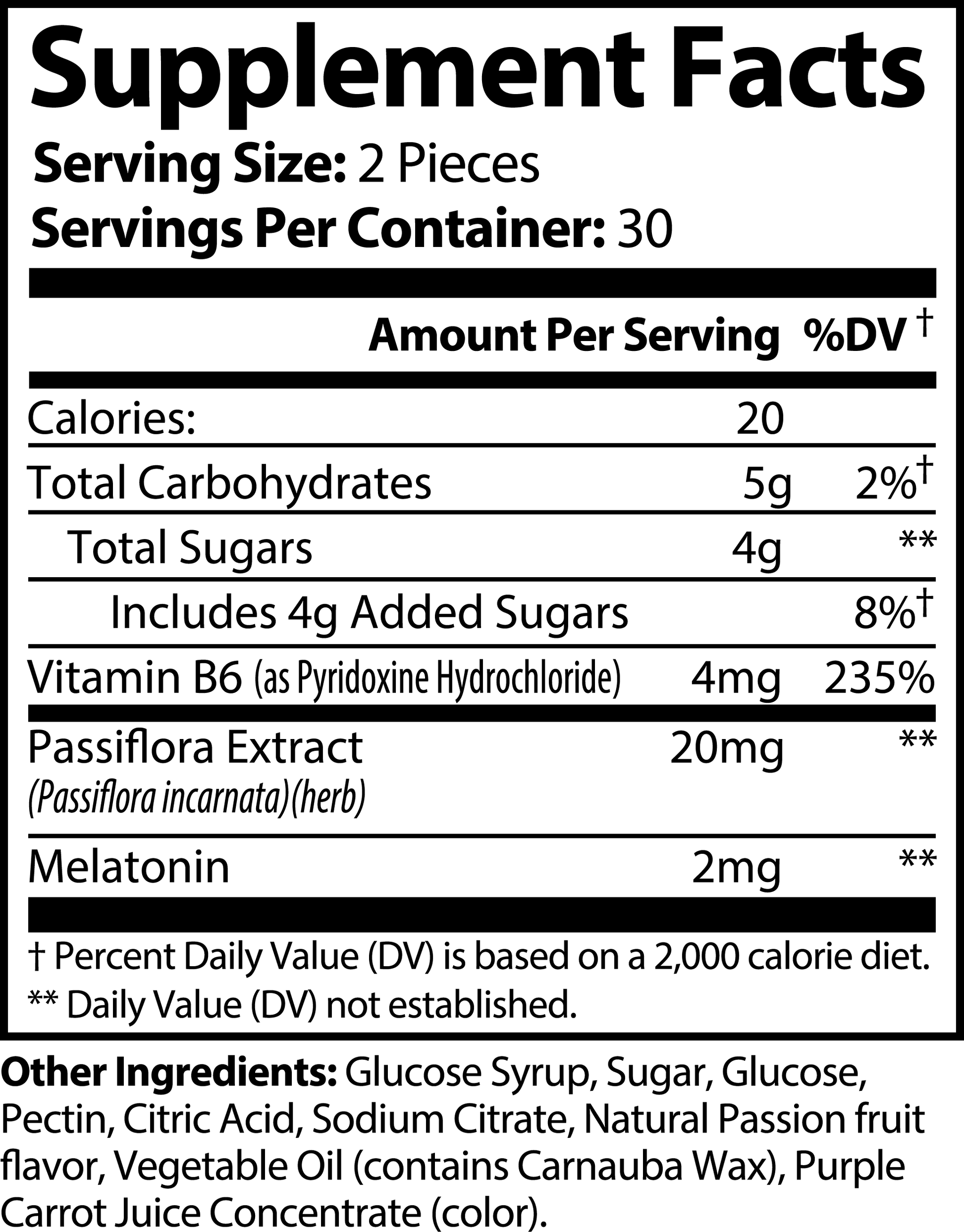 SACRAHAUS vegan sleep gummies supplement facts showing melatonin, passionflower extract, vitamin B6, and ingredient details