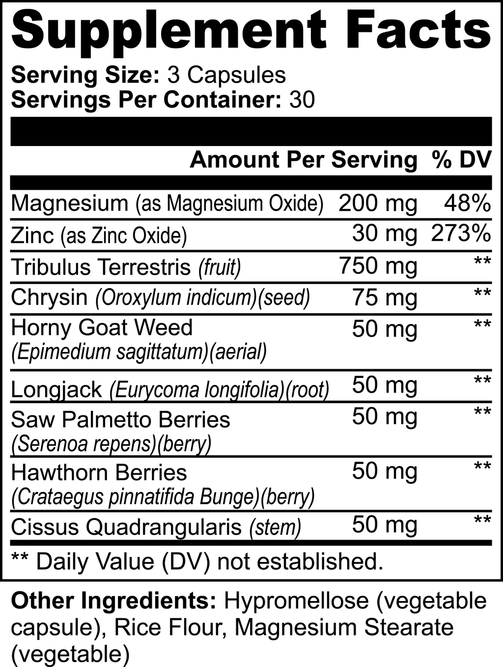 Supplement facts label for vegan supplements for men by SACRAHAUS with key minerals and herbal ingredients
