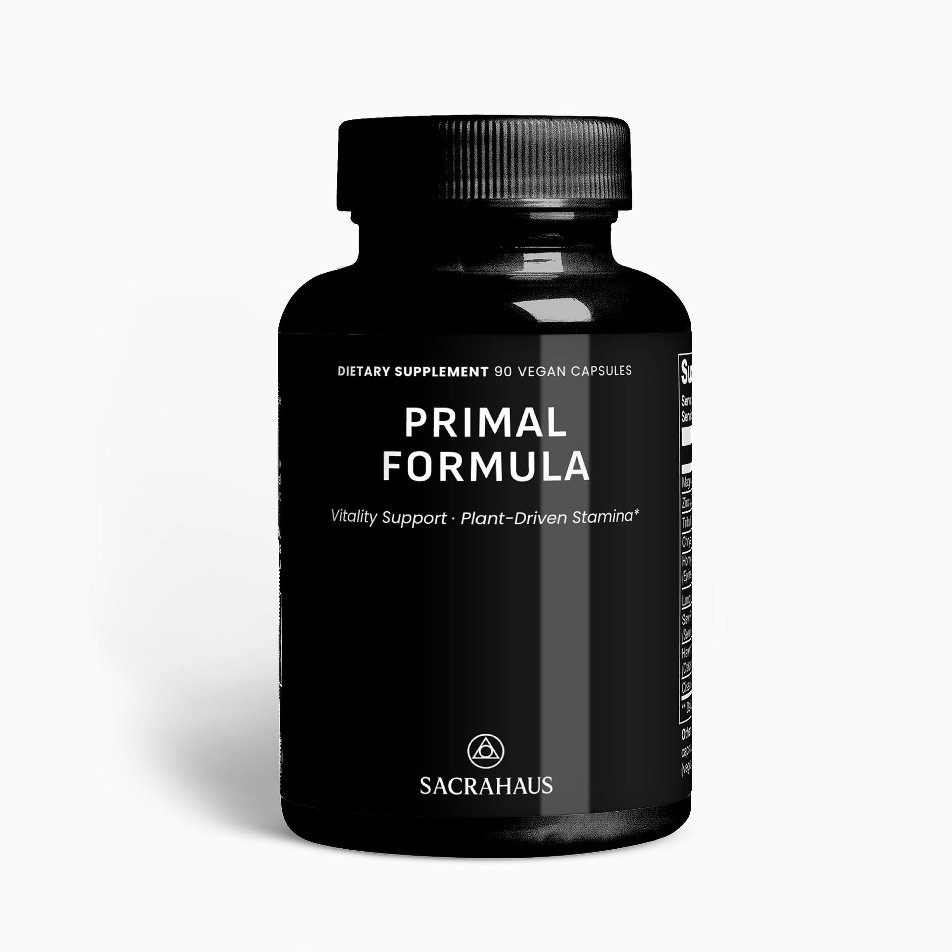 SACRAHAUS Primal Formula dietary supplement bottle with 90 vegan capsules vegan supplements for men