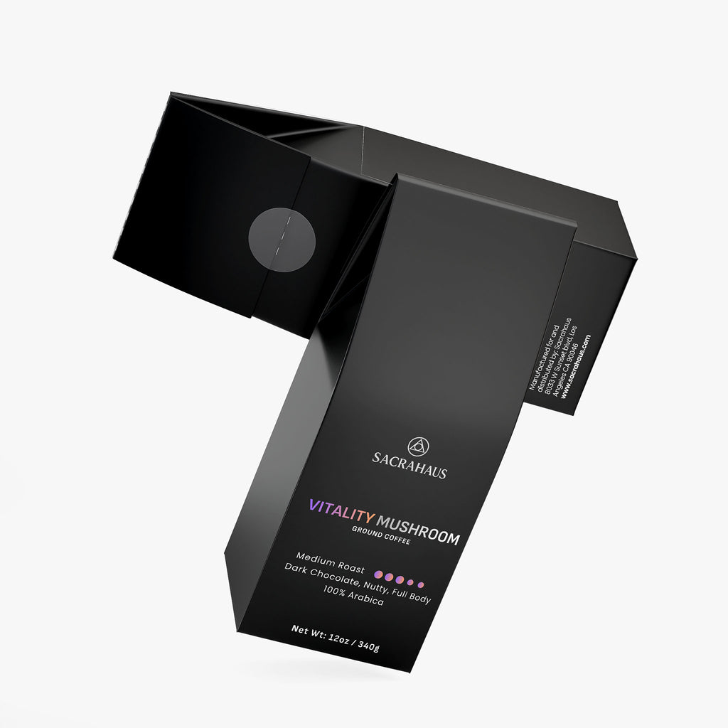 SACRAHAUS Vitality Mushroom Coffee package featuring a sleek black design with medium boost label