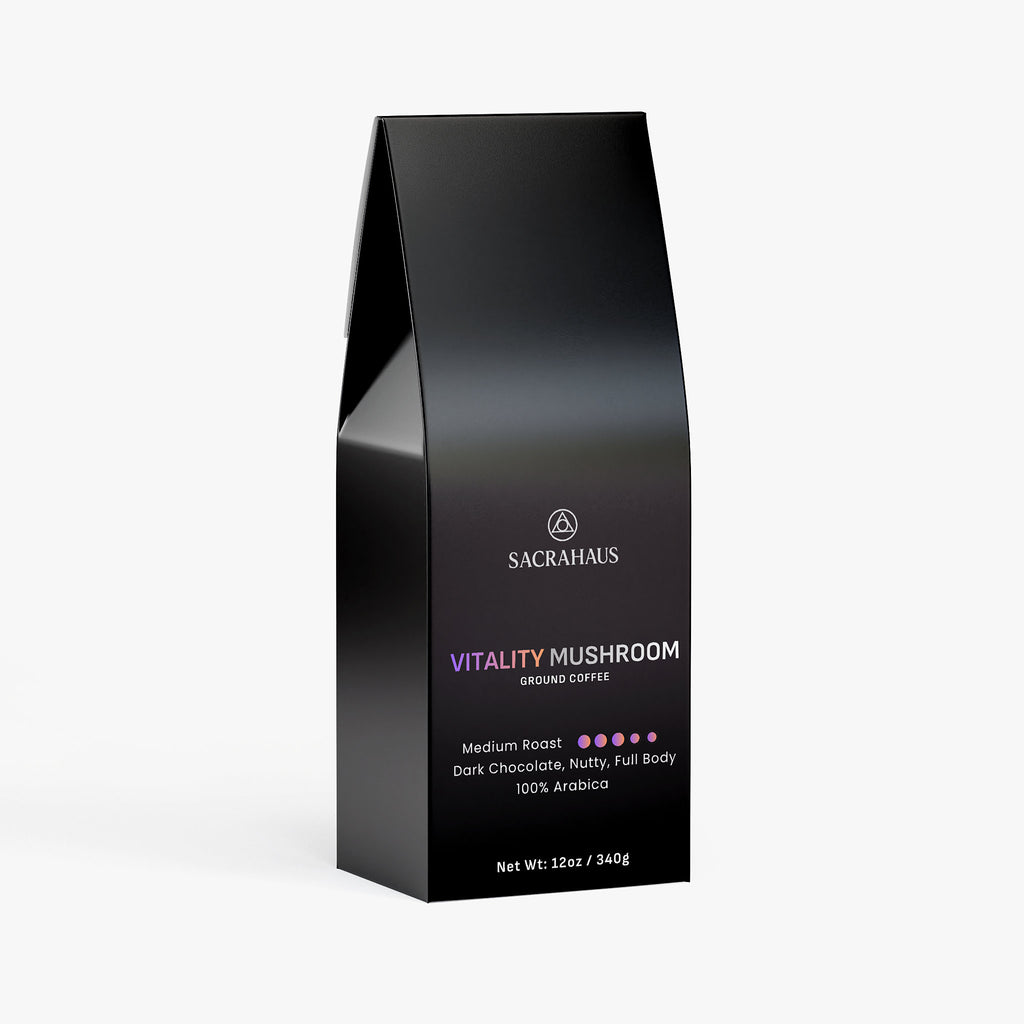 SACRAHAUS Vitality Mushroom Coffee in a 12oz package, medium roast with dark chocolate and nutty flavors