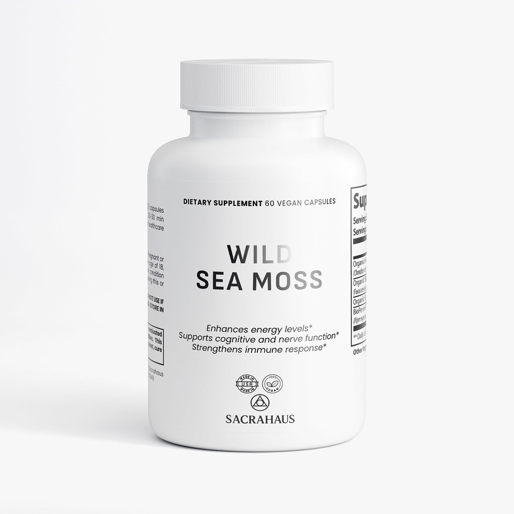 SACRAHAUS wild sea moss capsules in a white bottle, offering 60 vegan dietary supplements