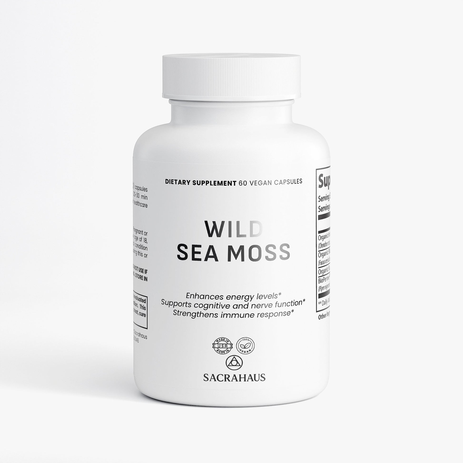 SACRAHAUS wild sea moss capsules in a white bottle, offering 60 vegan dietary supplements