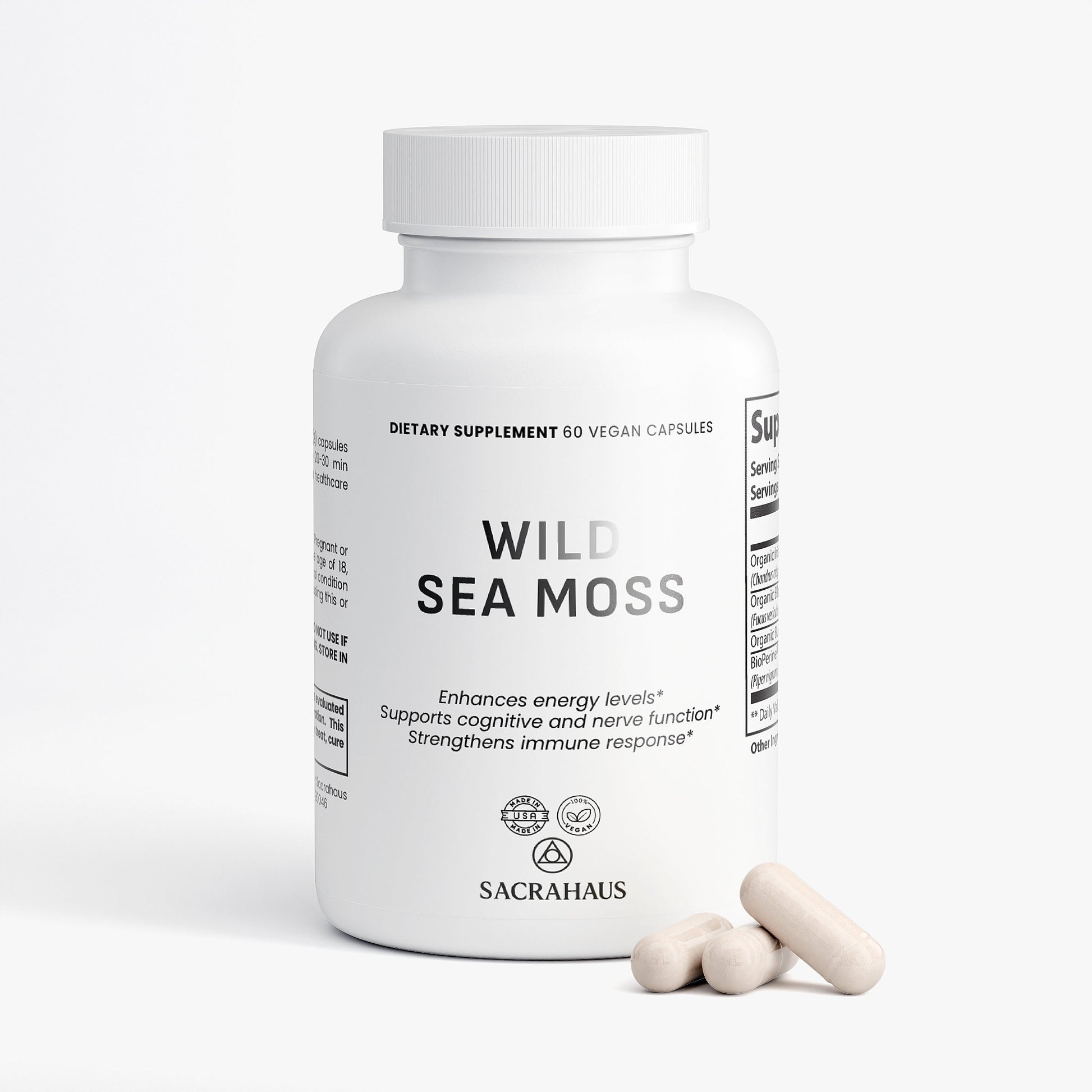 SACRAHAUS wild sea moss capsules in a bottle with 60 vegan capsules for energy and immune support