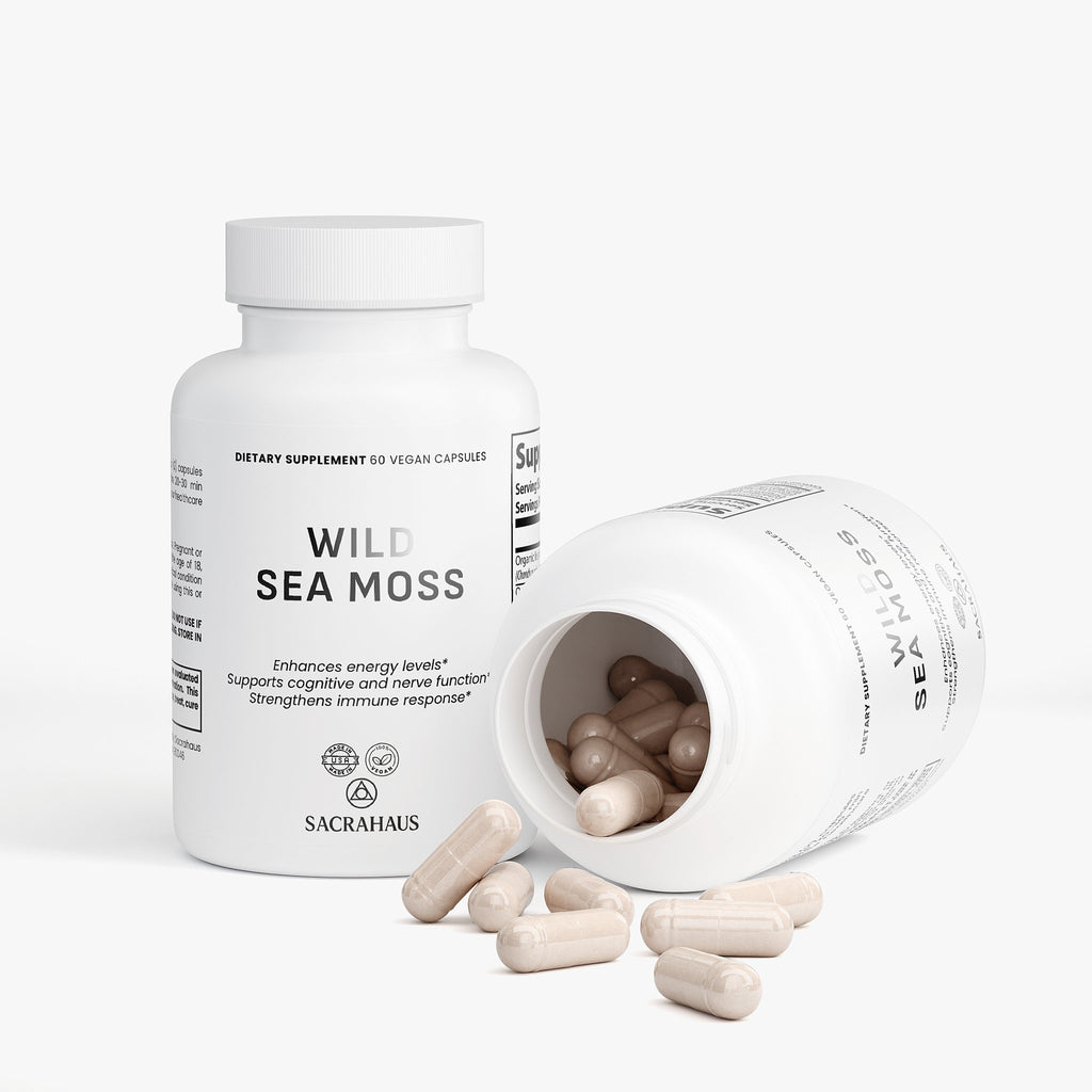 SACRAHAUS wild sea moss capsules in a white bottle, promoting energy and immune support