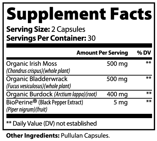 SACRAHAUS wild sea moss capsules supplement facts label showing organic ingredients and nutrition details