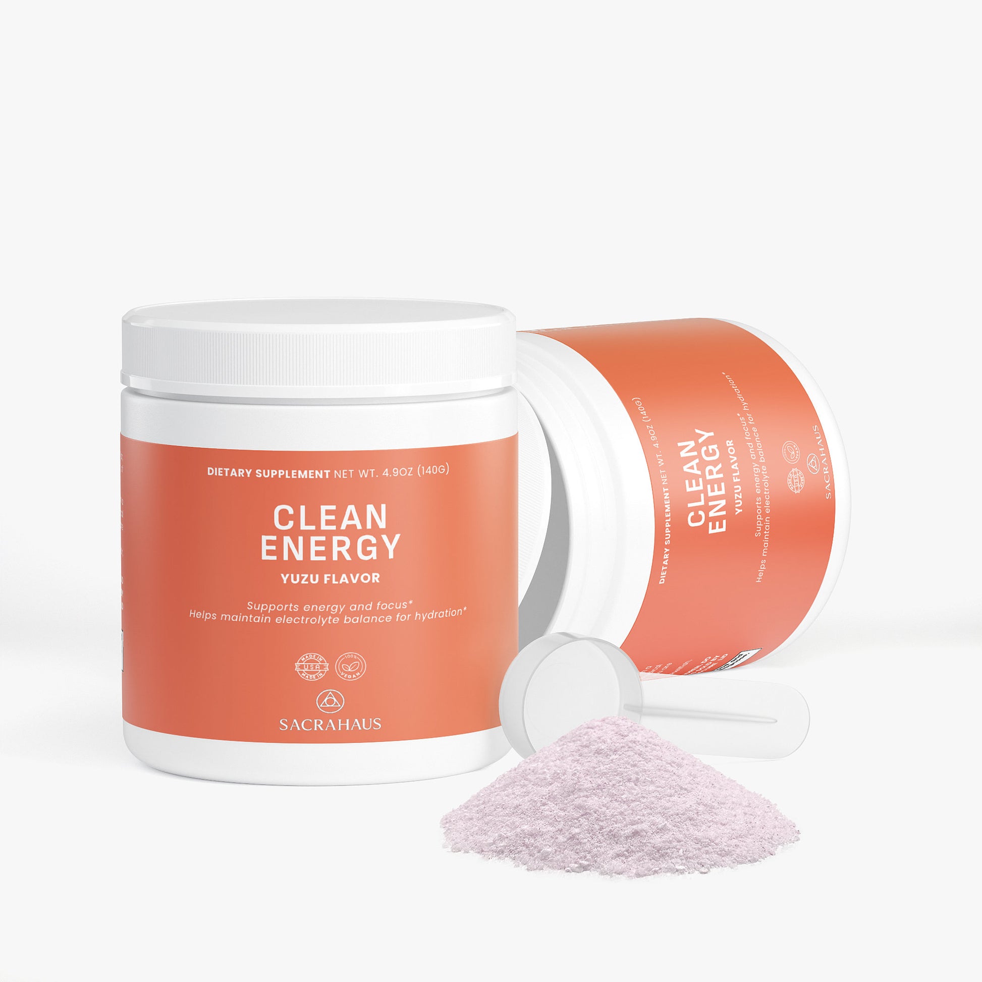SACRAHAUS Clean Energy yuzu energy powder in pink container with scoop for pre-workout hydration
