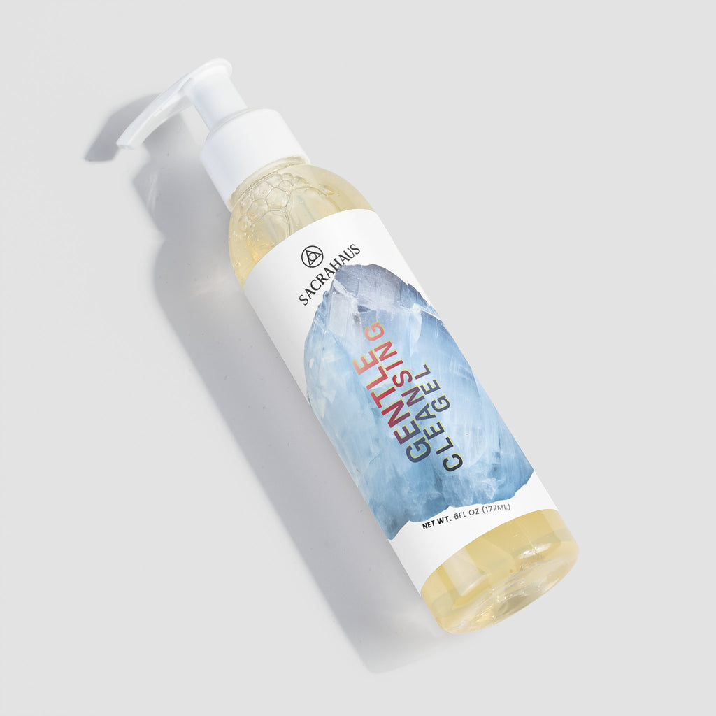 SACRAHAUS gentle cleansing gel in a clear bottle with a pump dispenser for facial care