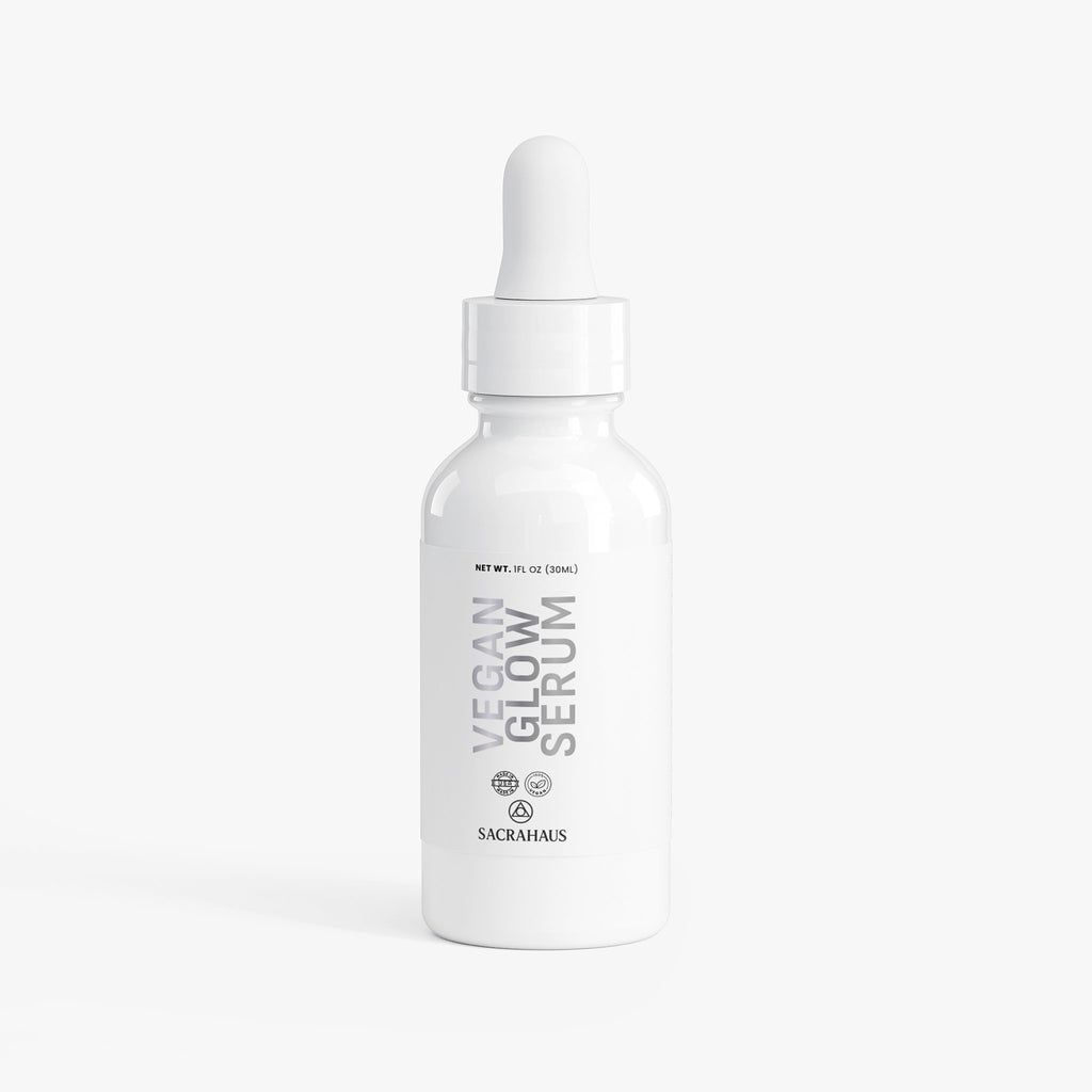SACRAHAUS vegan glow serum in a white dropper bottle for radiant and healthy skin