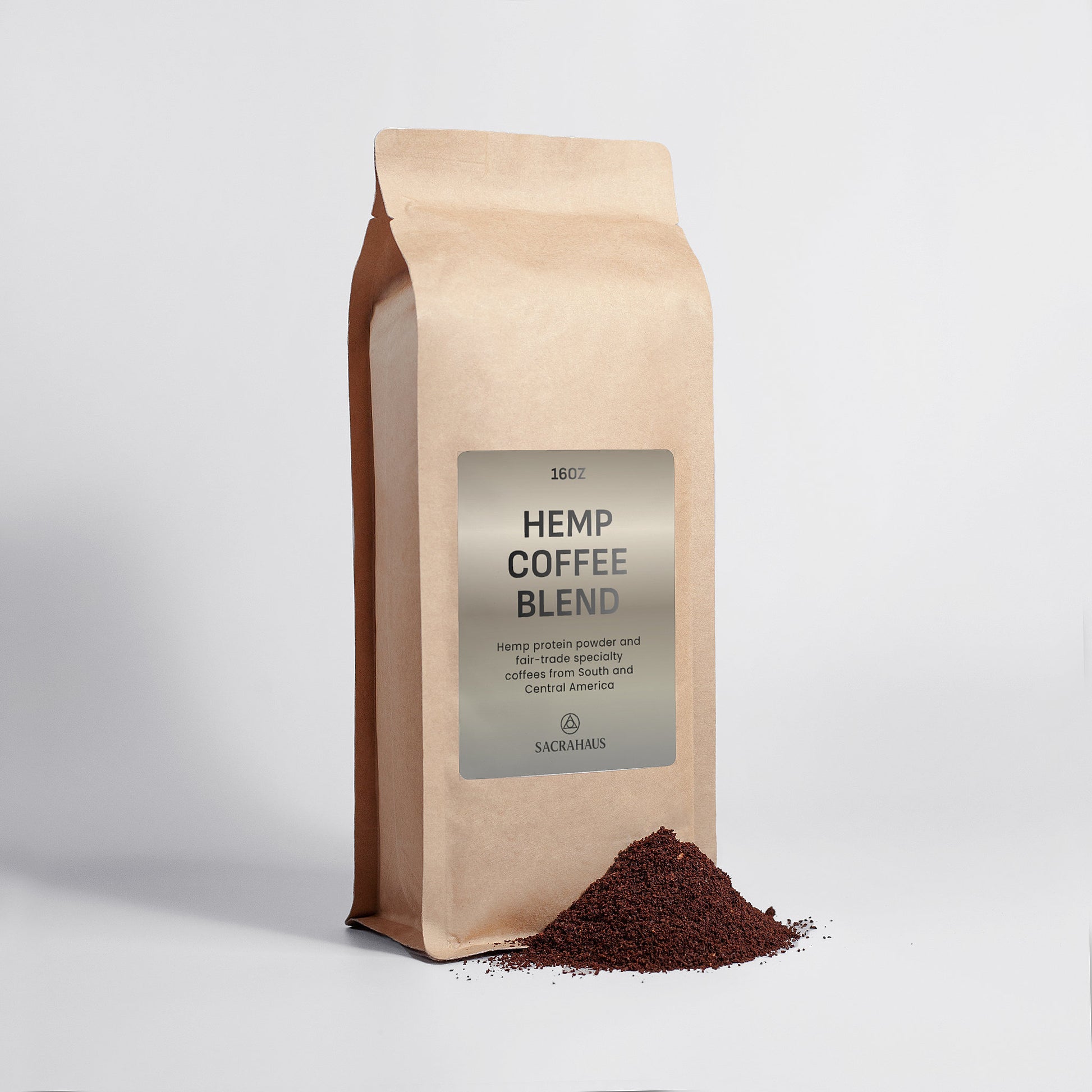 SACRAHAUS hemp coffee blend bag featuring ground hemp coffee powder in a 16 oz package