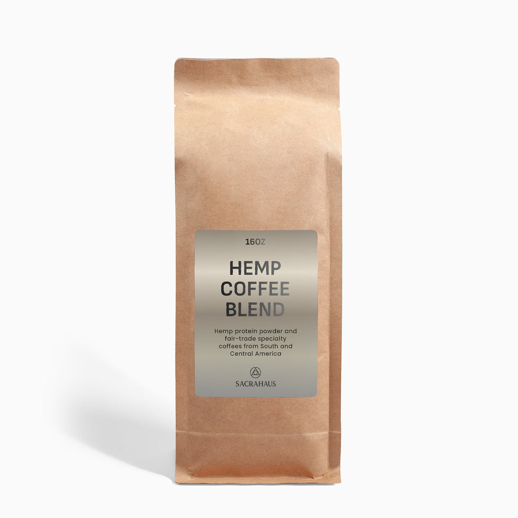 SACRAHAUS Hemp Coffee Blend 16oz bag featuring hemp protein powder and specialty coffee