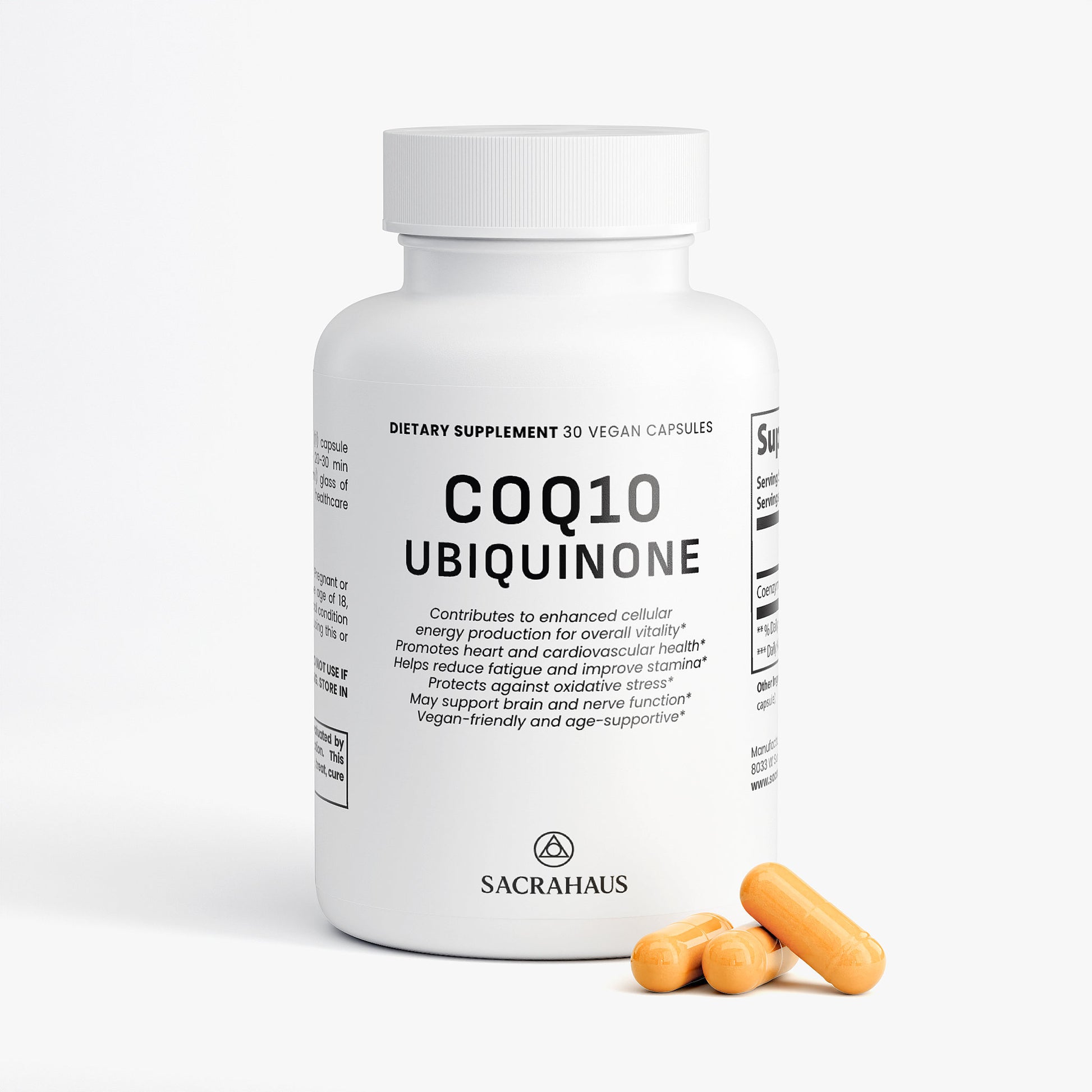 SACRAHAUS vegan CoQ10 supplement bottle with 30 capsules for enhanced cellular energy and heart health