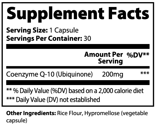 Supplement facts label for SACRAHAUS vegan CoQ10 supplement with 200mg Coenzyme Q-10 per capsule