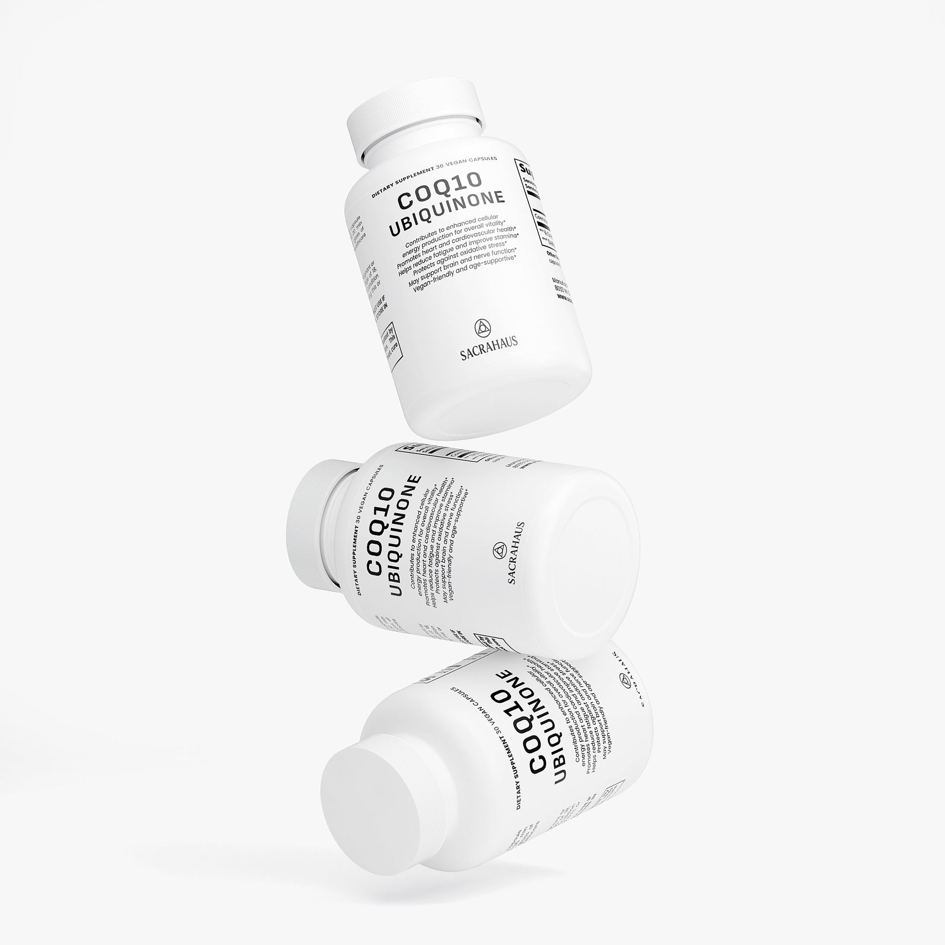 SACRAHAUS vegan CoQ10 supplement bottles with clean white labels and black text floating on white background
