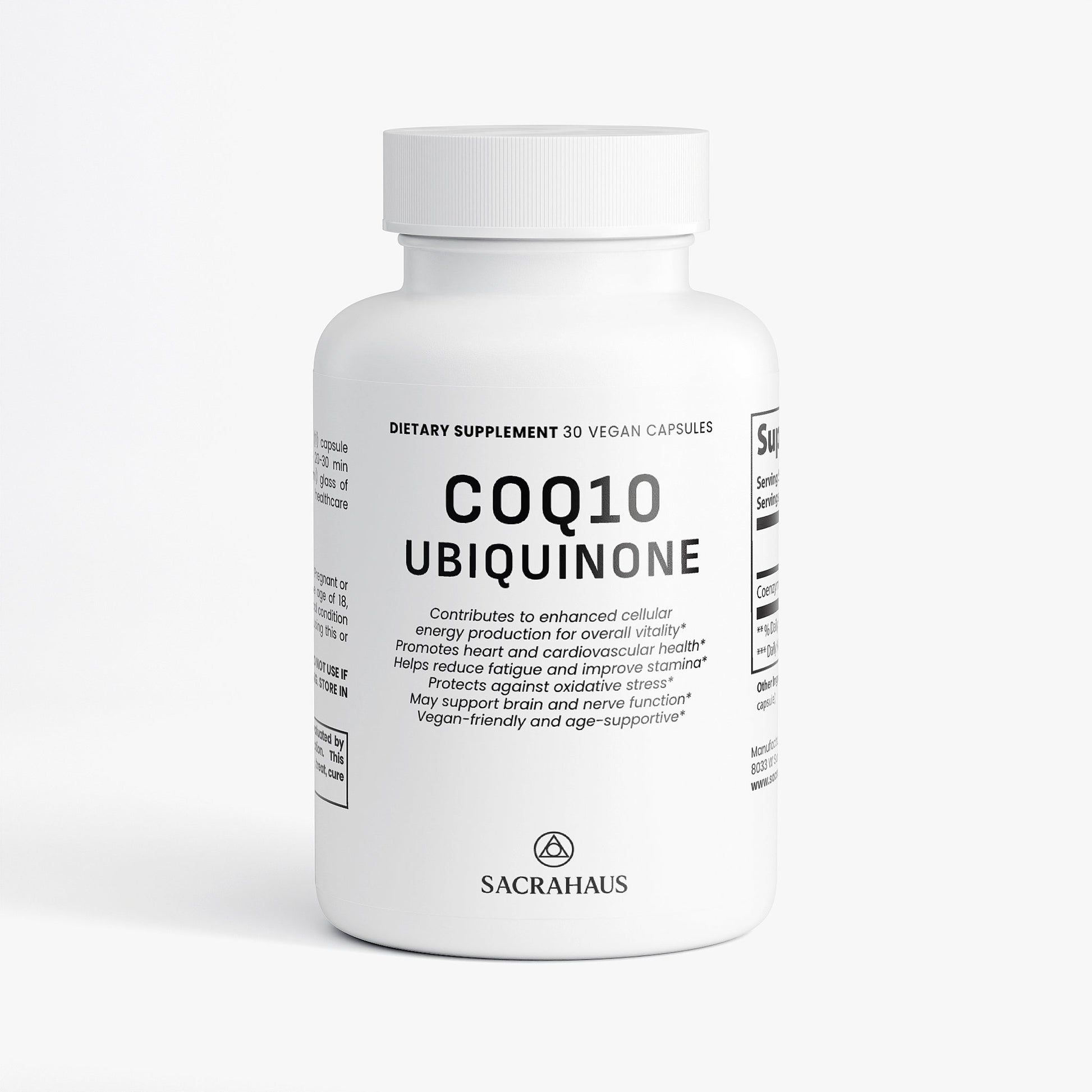 SACRAHAUS vegan CoQ10 supplement bottle with 30 vegan capsules for enhanced cellular energy