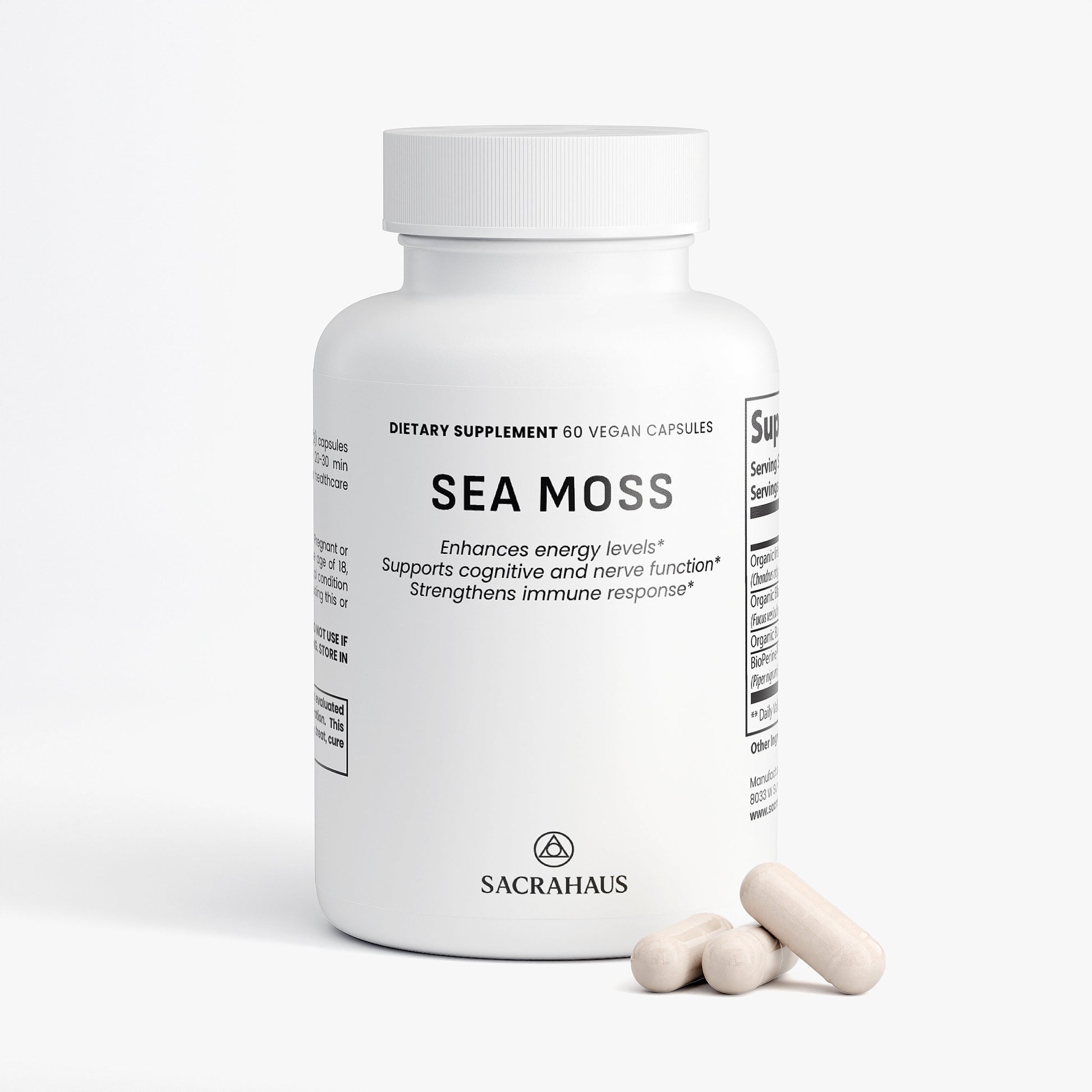 SACRAHAUS Sea Moss Vegan dietary supplement bottle with 60 vegan capsules for energy and immune support