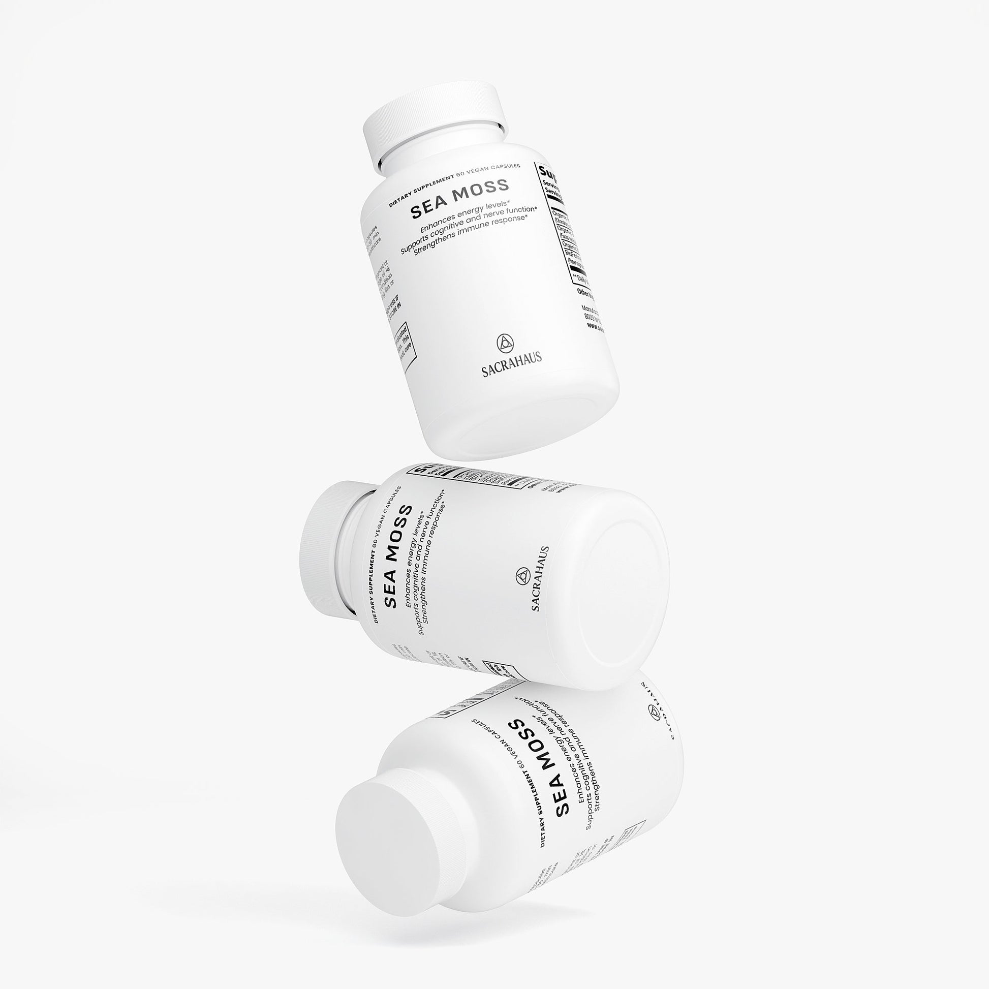 SACRAHAUS Sea Moss Vegan natural extracts in white supplement bottles with minimalist design