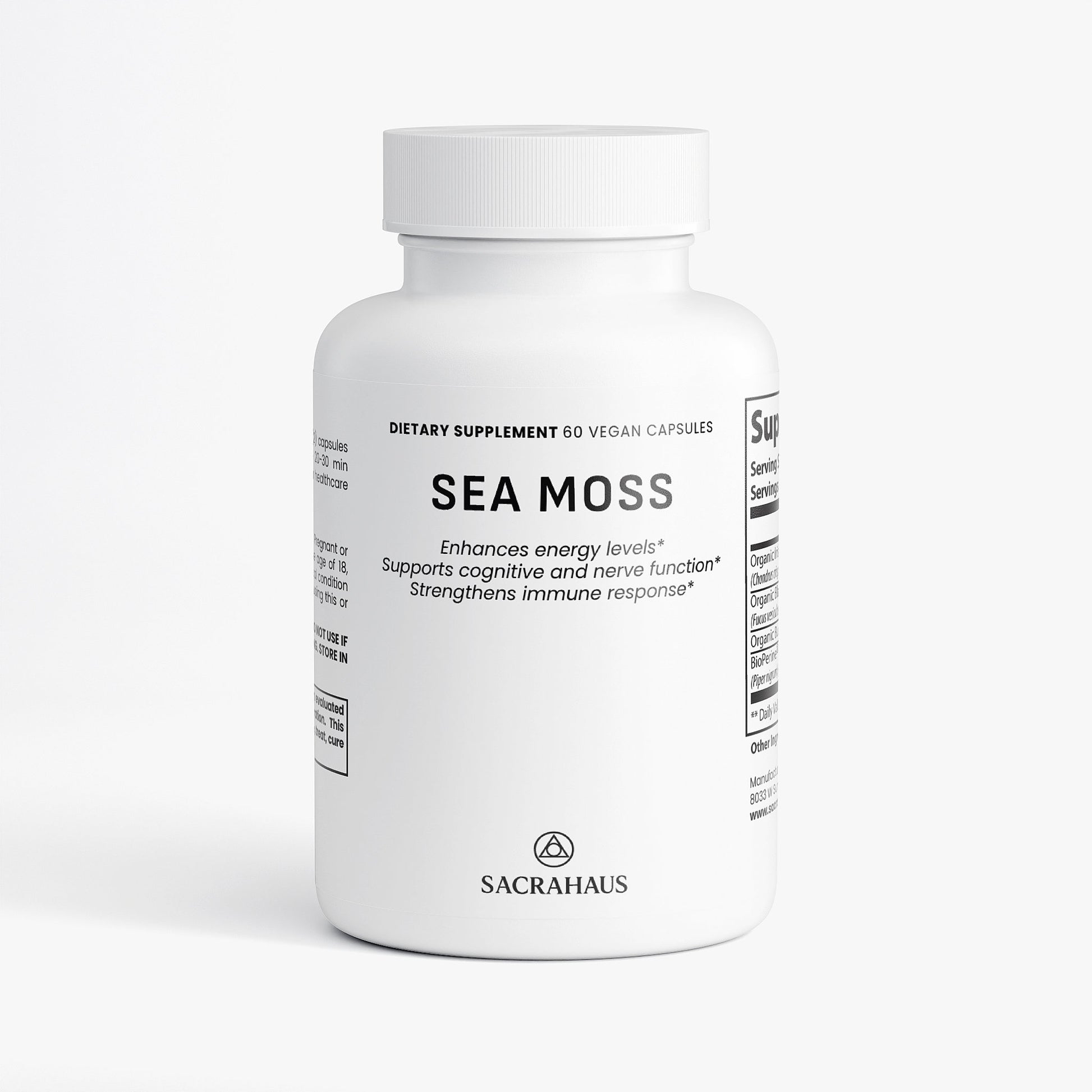 Sacrahaus Sea Moss Vegan dietary supplement bottle with 60 vegan capsules for energy and immune support